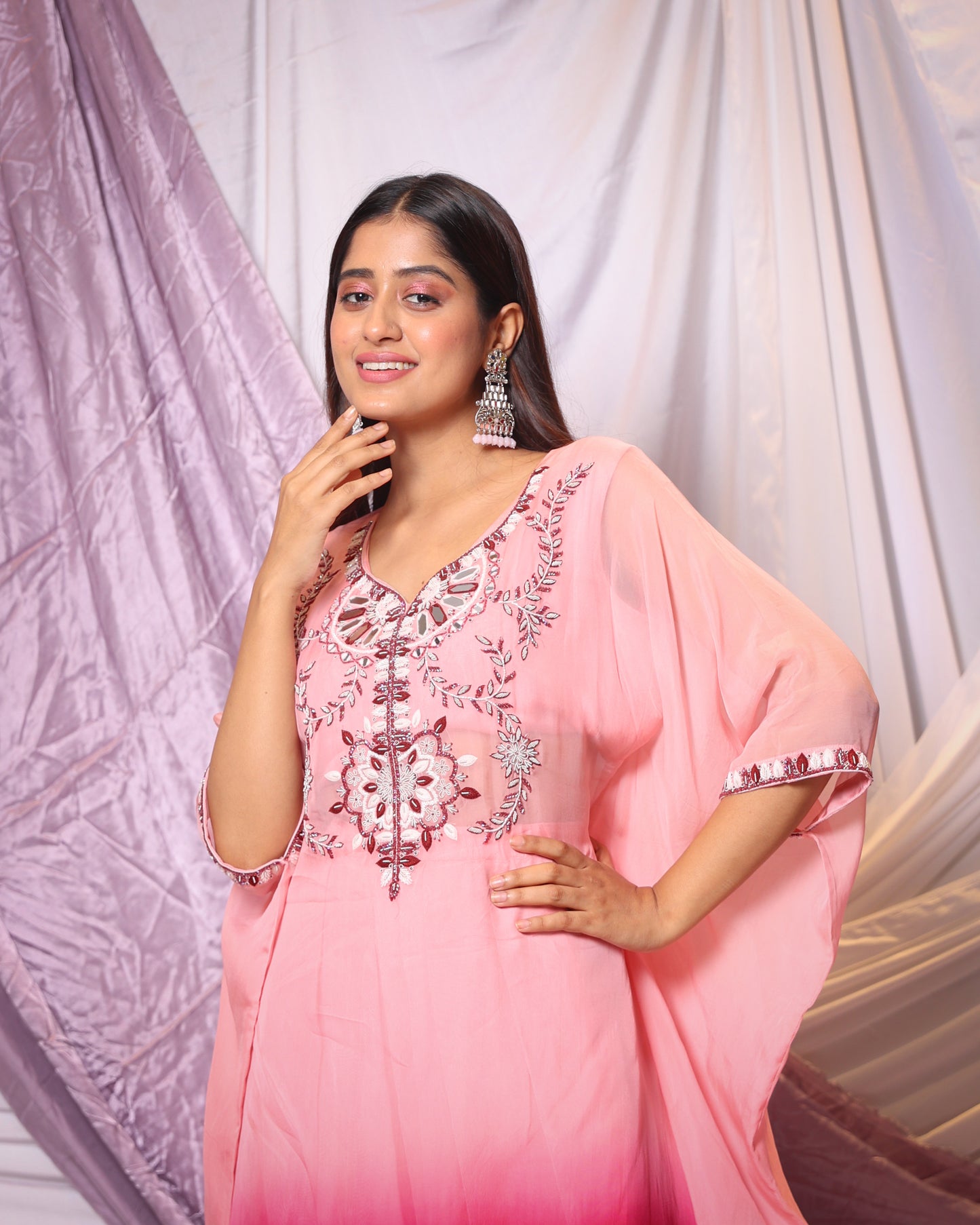 SHADED MIRROW WORK KAFTAN KURTA AND DHOTI-STYLE PANT SET