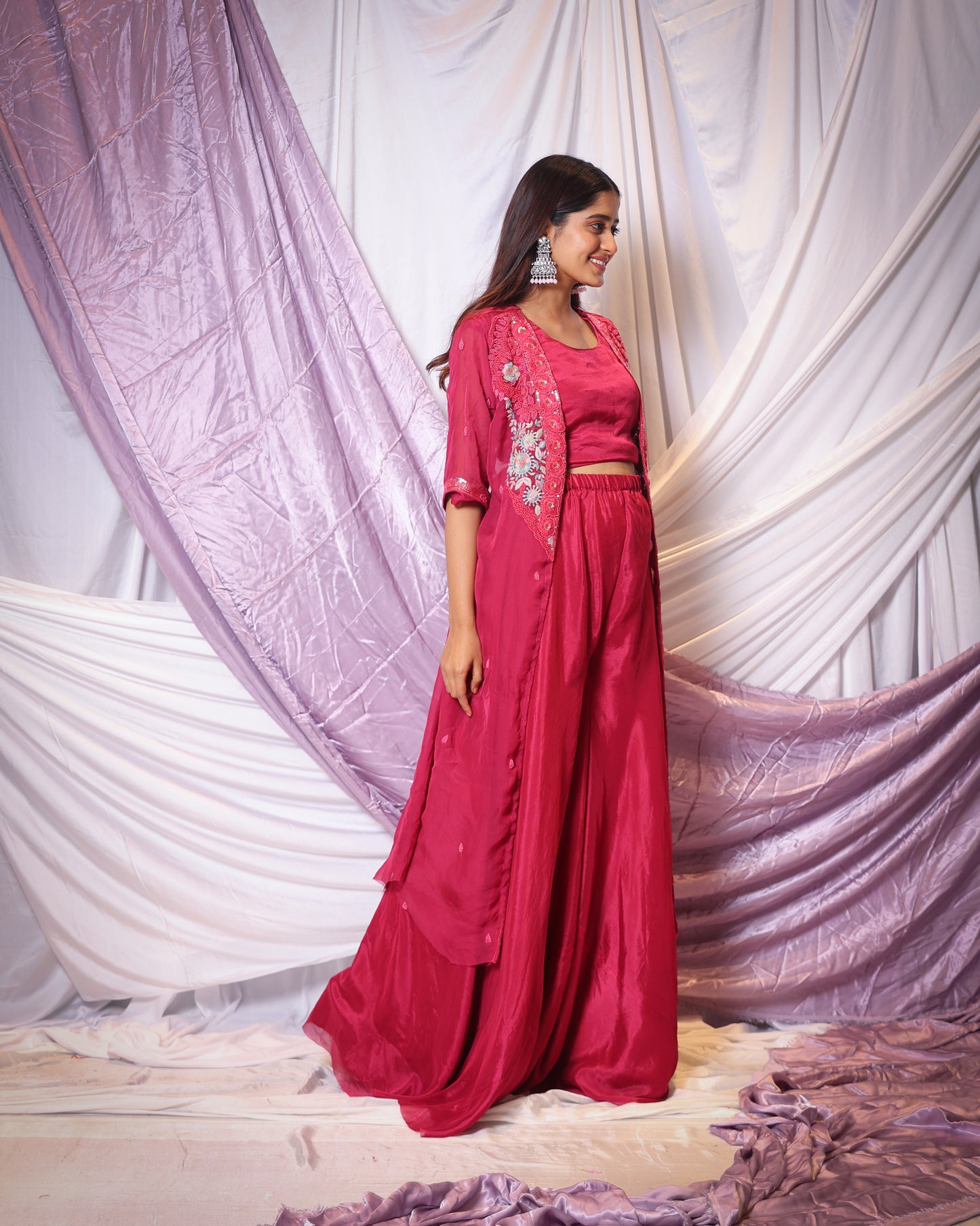 COLOURFUL PEARL AND THREAD WORK JACKET AND PALAZZO PANT SET