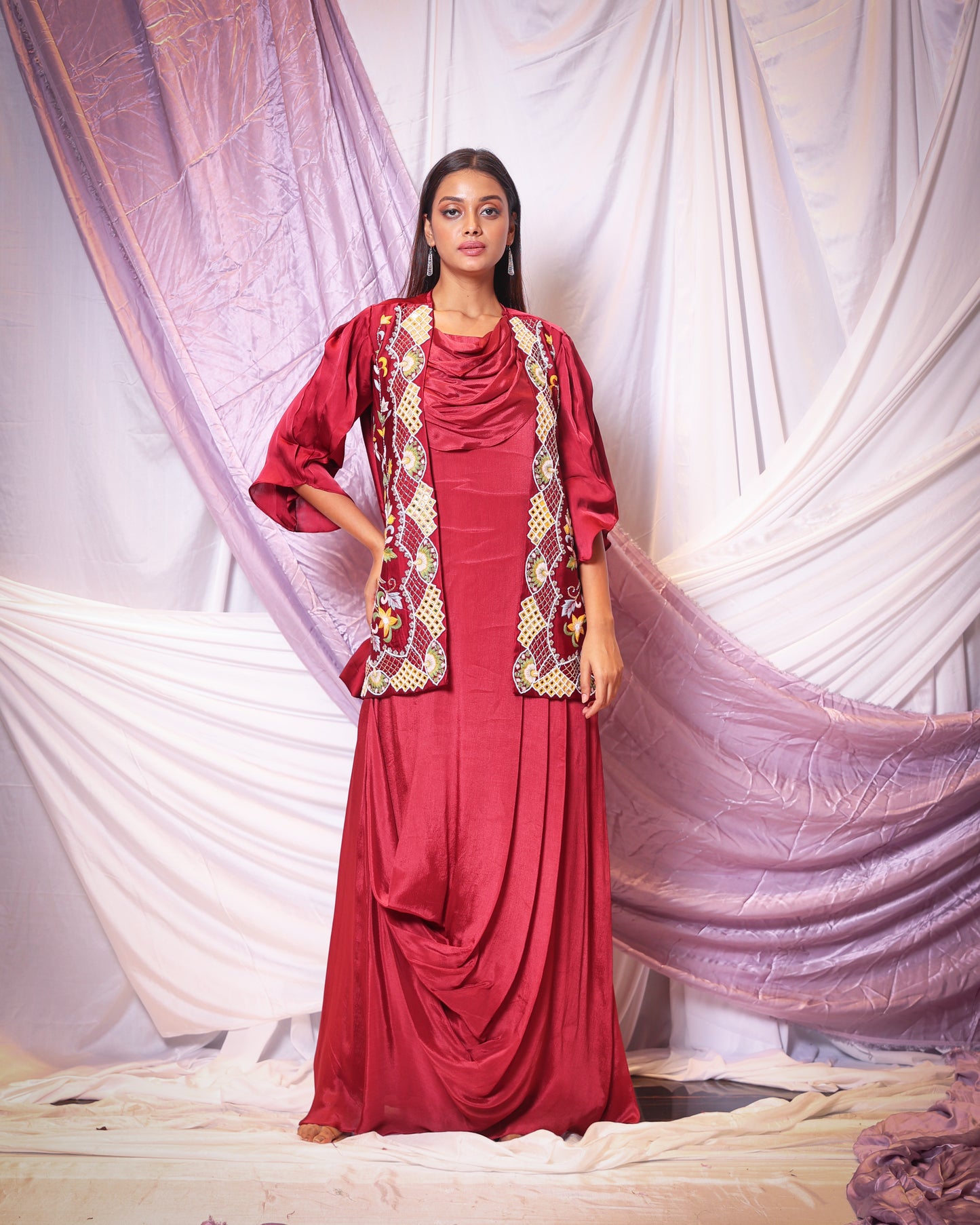 MIRROR WORK JACKET WITH COWL-NECK, DRAPED GOWN