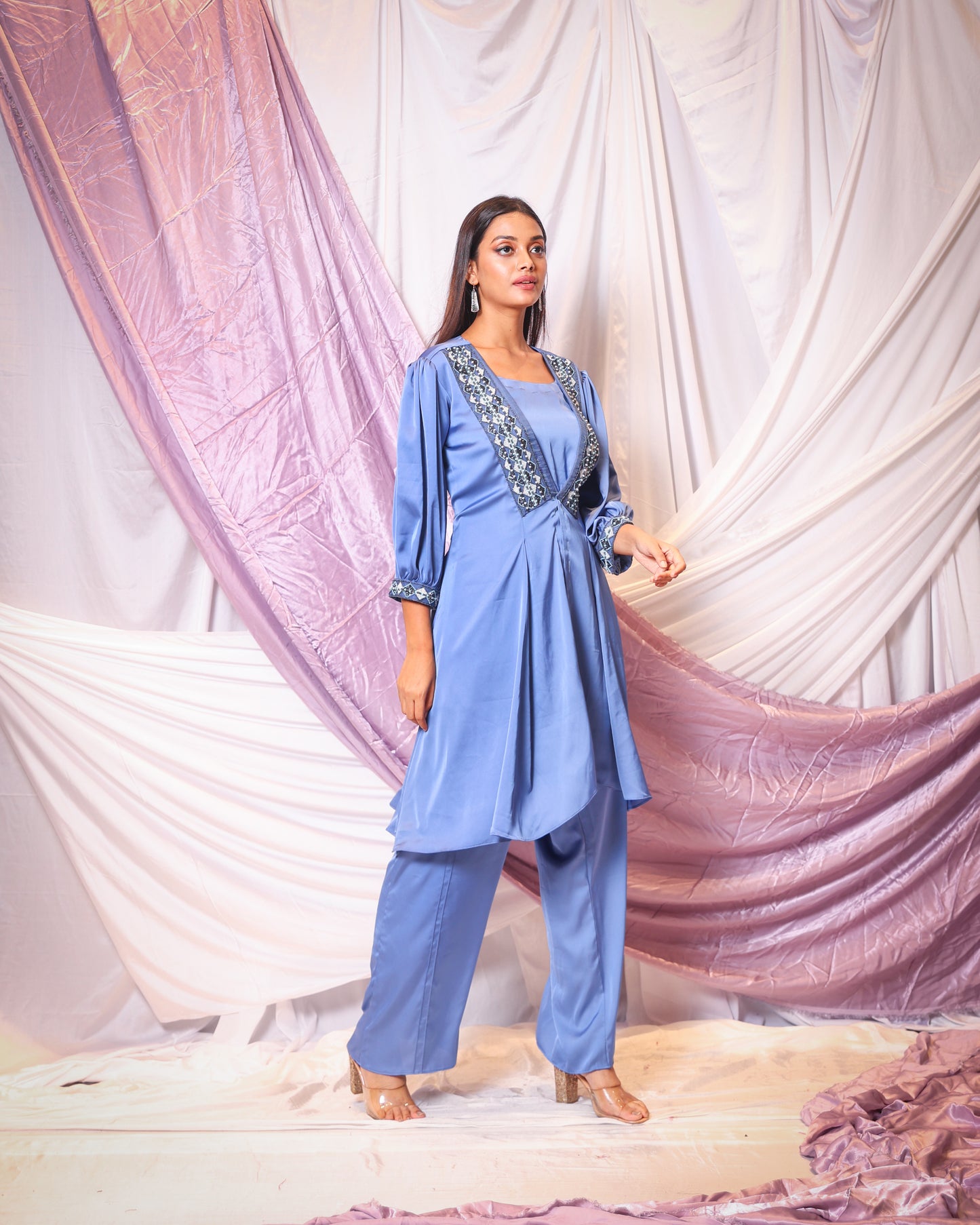 BEADED PANEL WORK JACKET, CROP TOP AND PANT SET