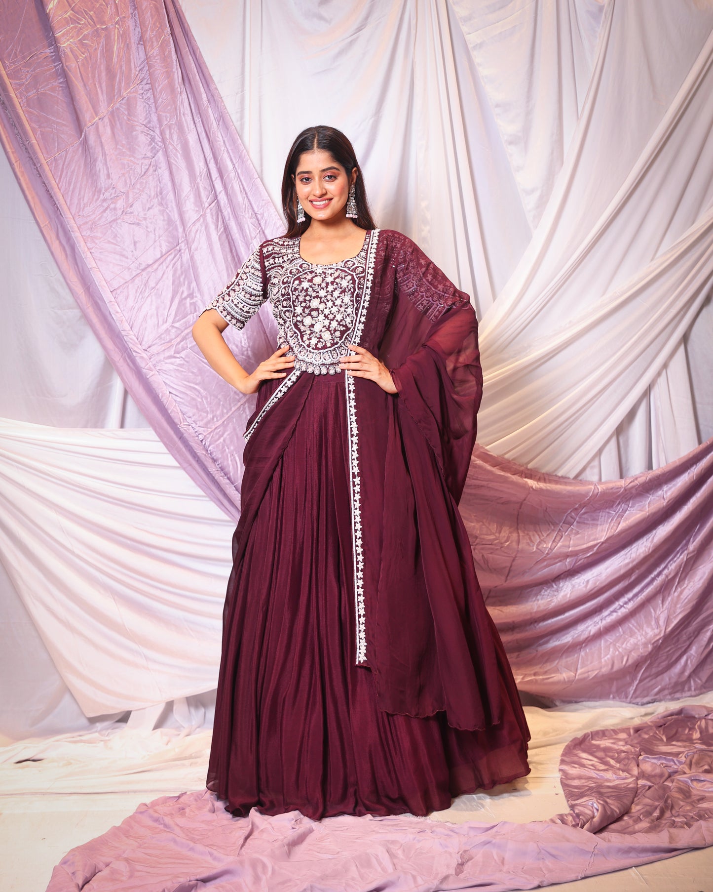 PEARL AND THREAD WORK BLOUSE WITH GATHERED SKIRT AND DUPATTA