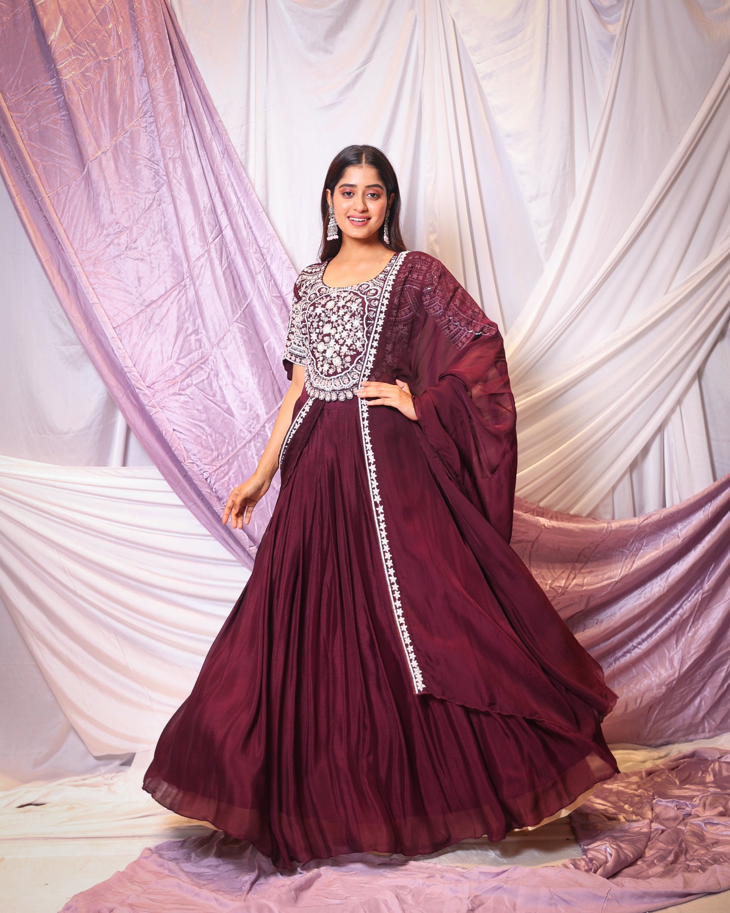 PEARL AND THREAD WORK BLOUSE WITH GATHERED SKIRT AND DUPATTA