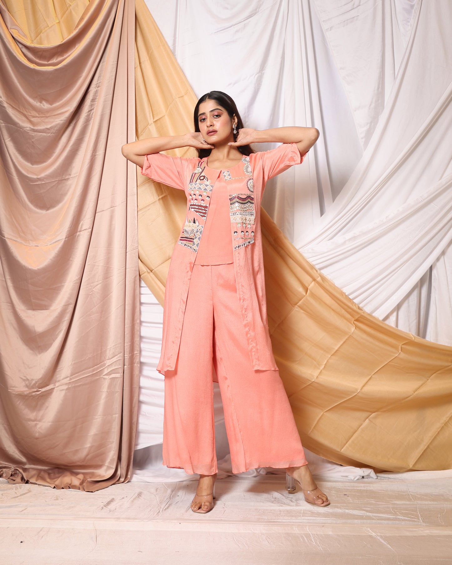 COLOURFUL EMBROIDERED JACKET WITH FLARED PANTS