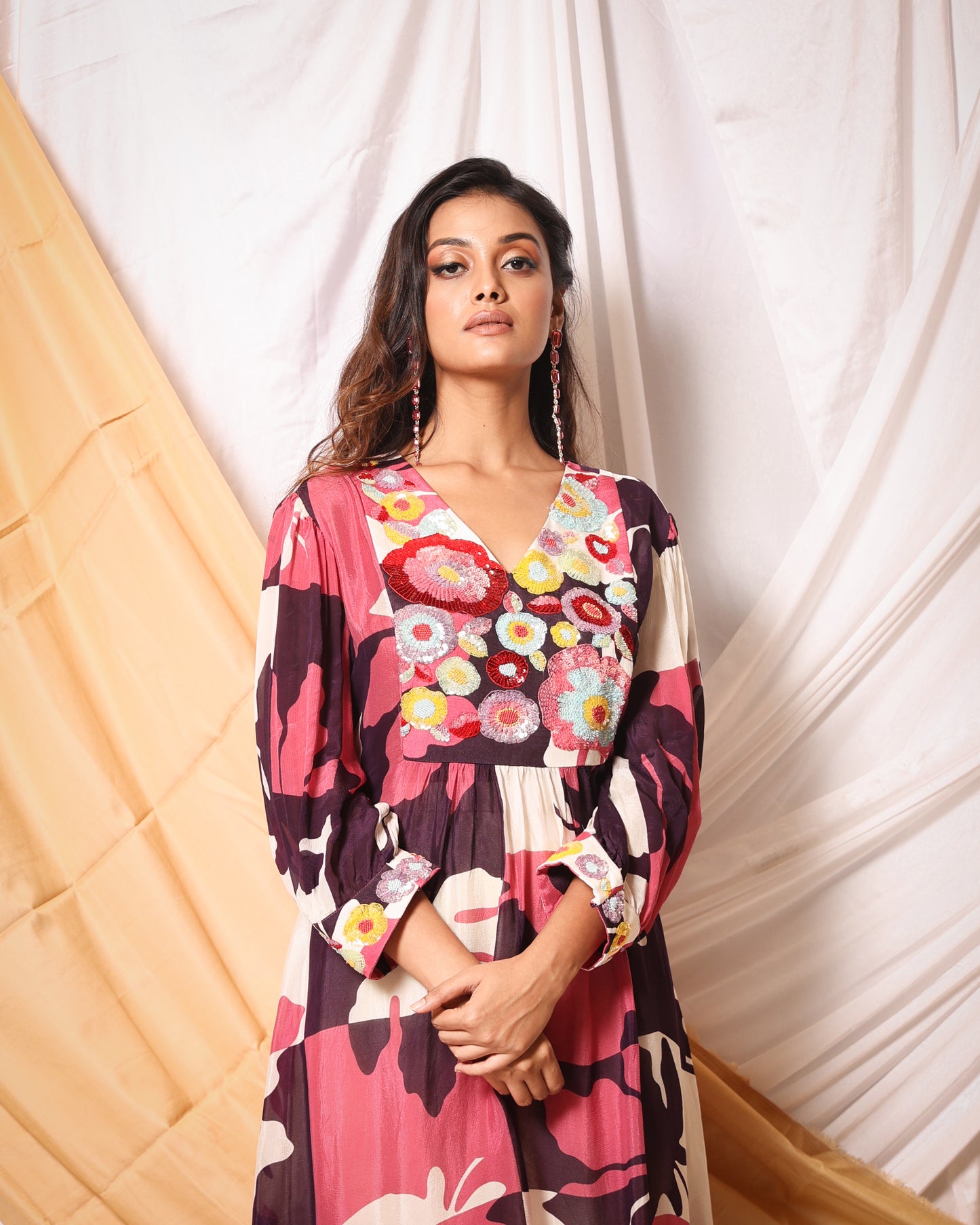 SCREEN PRINTED SEQUIN WORK KURTA AND TULIP PANT SET