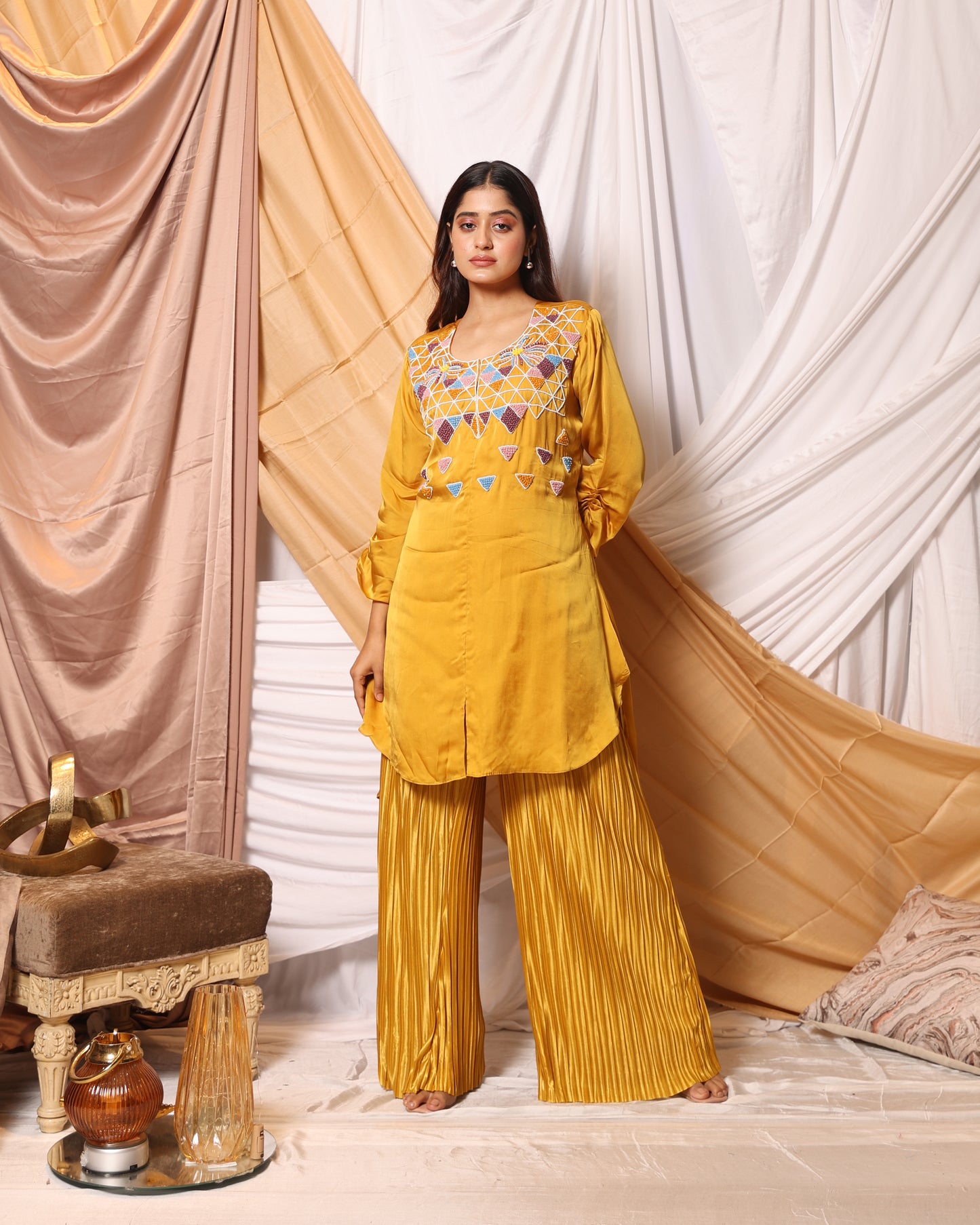 COLOURFUL TIKI TRIANGLES ON SHORT TUNIC WITH PALAZZO PANTS