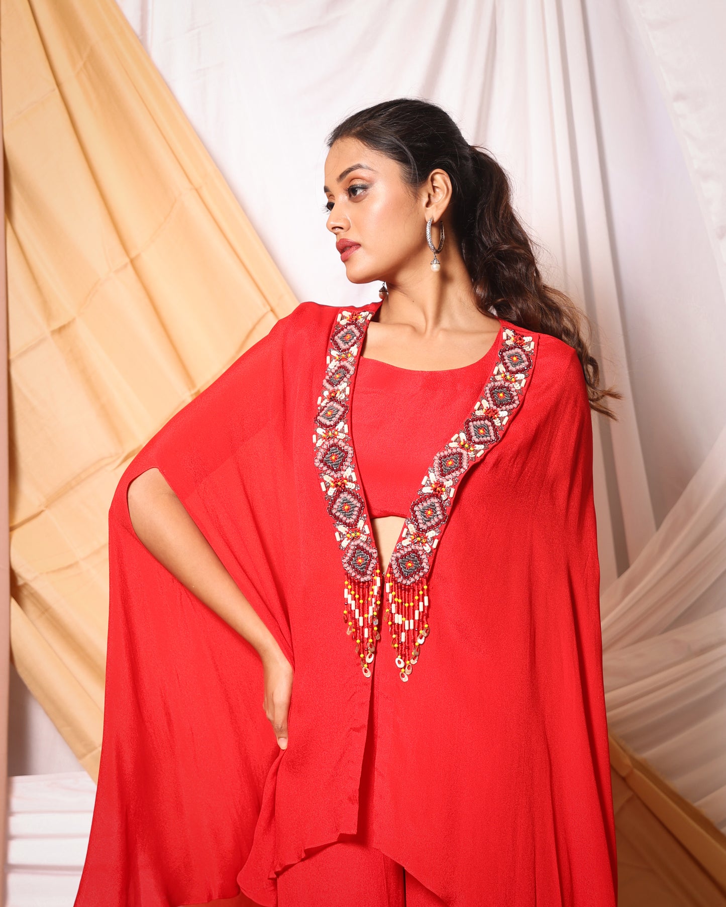BEADED PANEL WORK KAFTAN STYLE JACKET AND EMBROIDERED PALAZZO PANT SET
