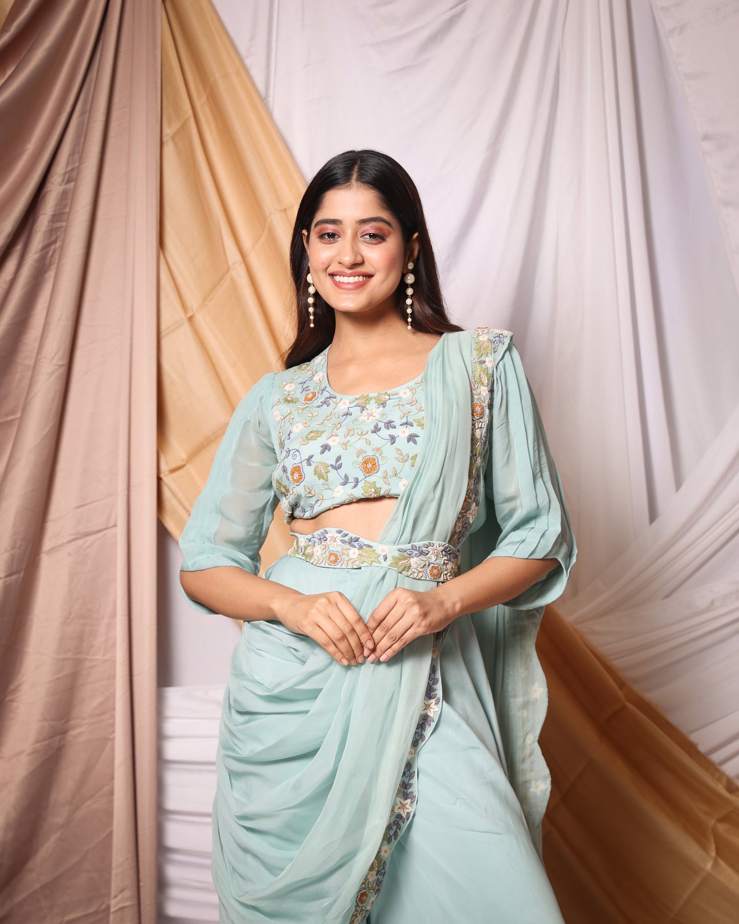 ZARDOSI WORK BLOUSE, DRAPED SAREE PATTERN- PALAZZO PANT AND EMBROIDERED BELT SET