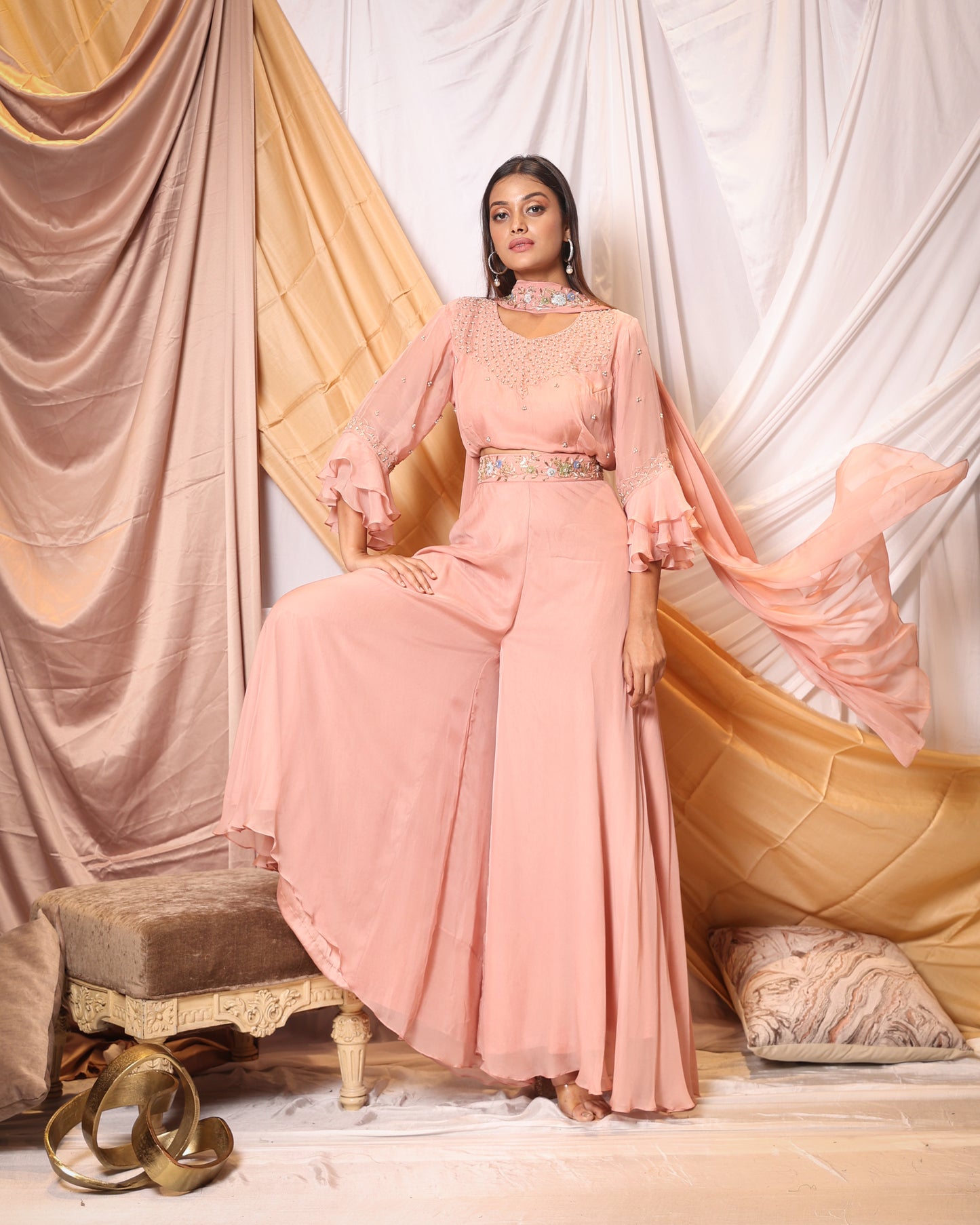 FLORAL PEARLS AND TIKI WORK DUPATTA, BLOUSE AND PALAZZO PANT SET