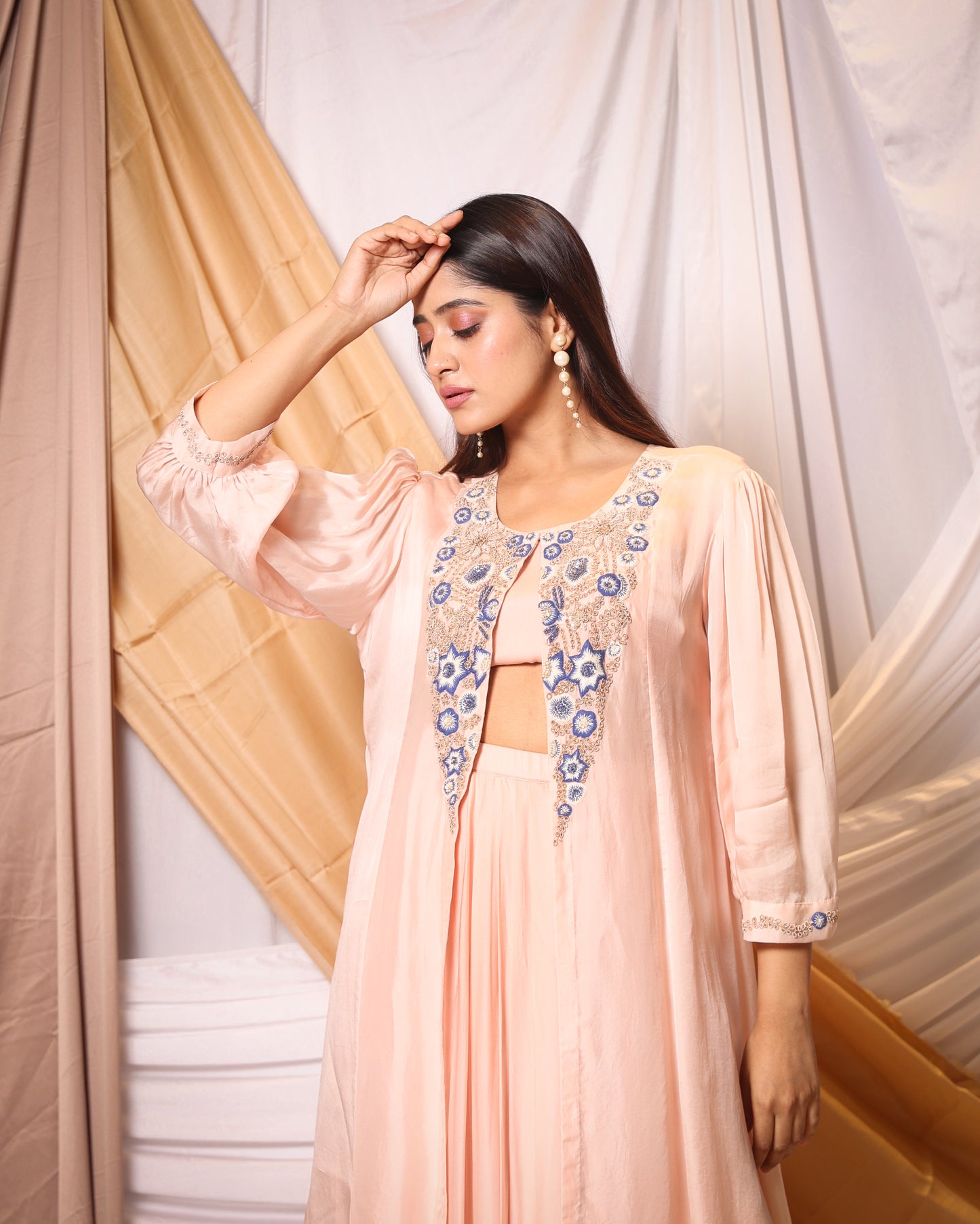 MIRROR AND THREAD WORK JACKET AND PLEATED SKIRT