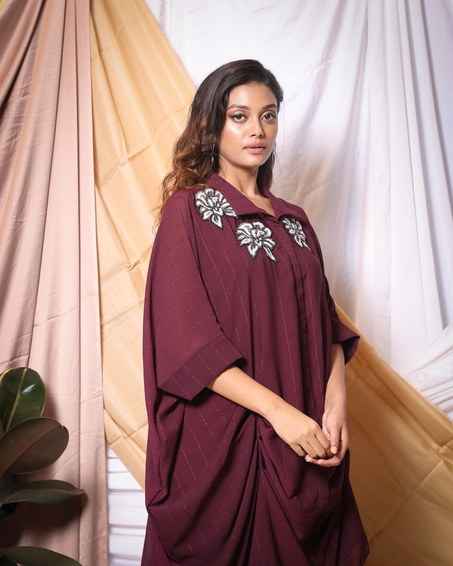 APPLIC FLOWER PATTERN DRAPED TUNIC AND PANT CO-ORD SET