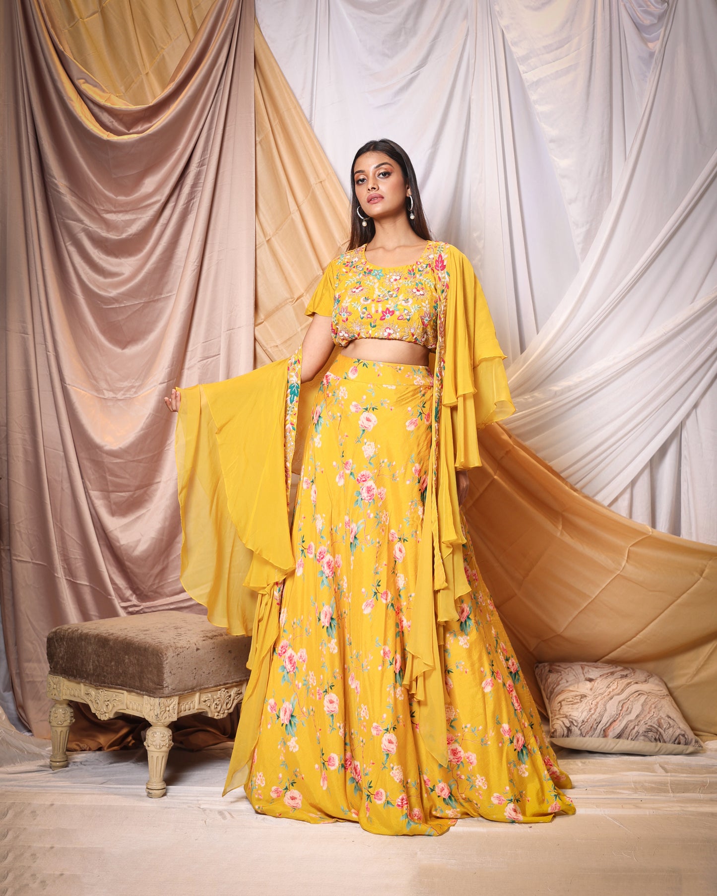 COLOURFUL ZARDOSI THREAD WORK BLOUSE WITH FLORAL DIGITAL PRINT SKIRT AND LAYERED DUPATTA