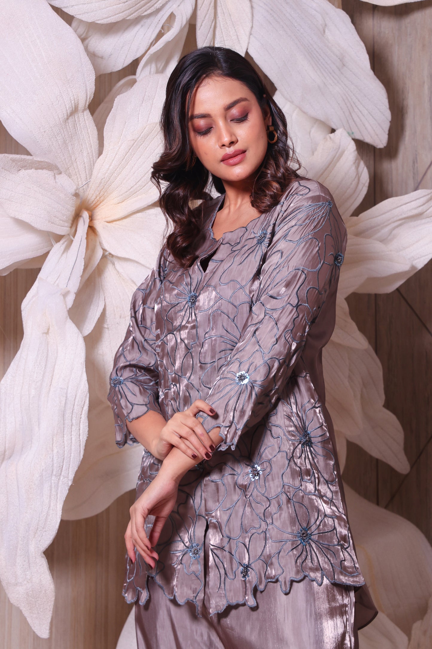 Fawn Embroidered Imported Tissue Co-ord Set