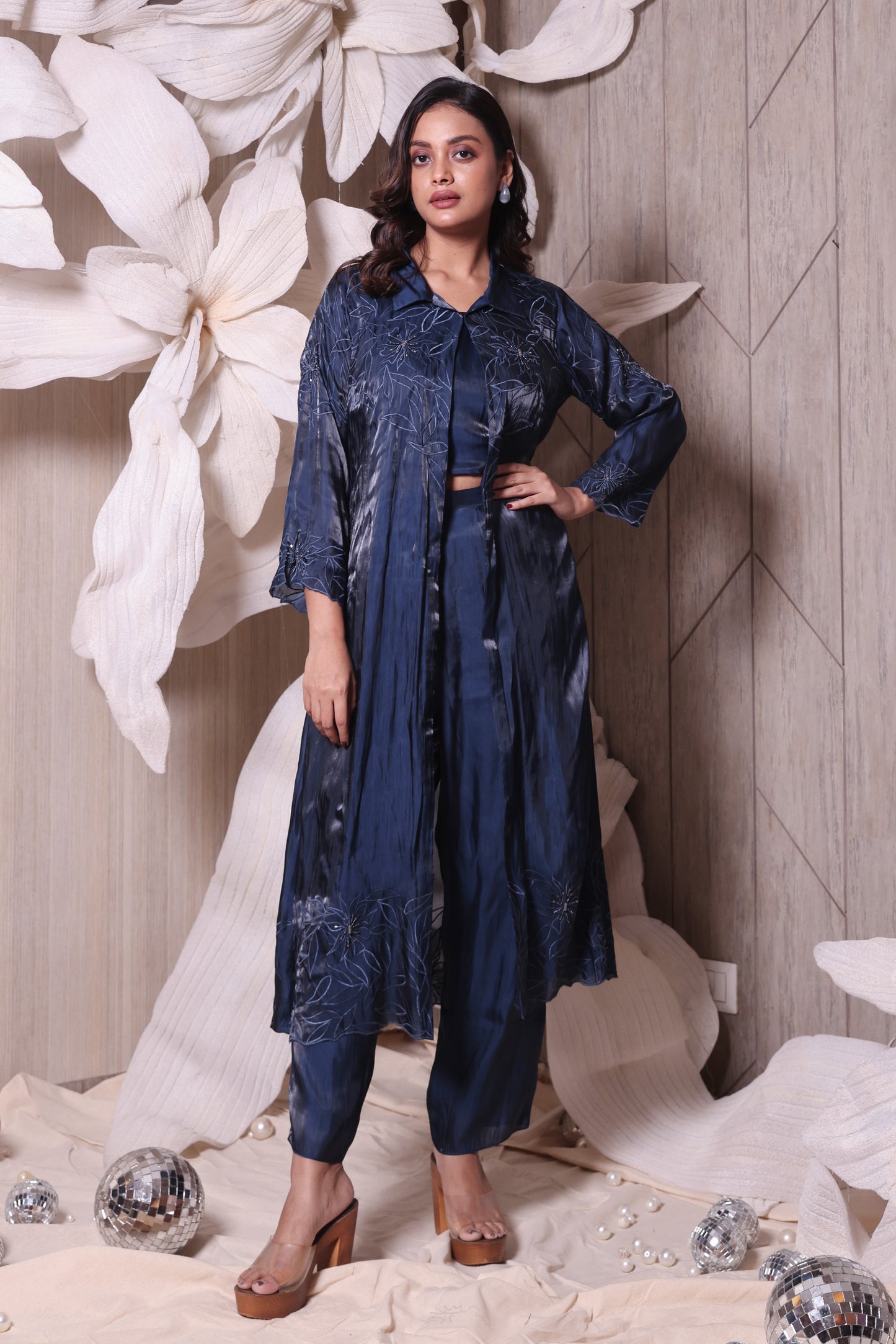 Navy Blue Imported Tissue Embroidered Three Piece Set