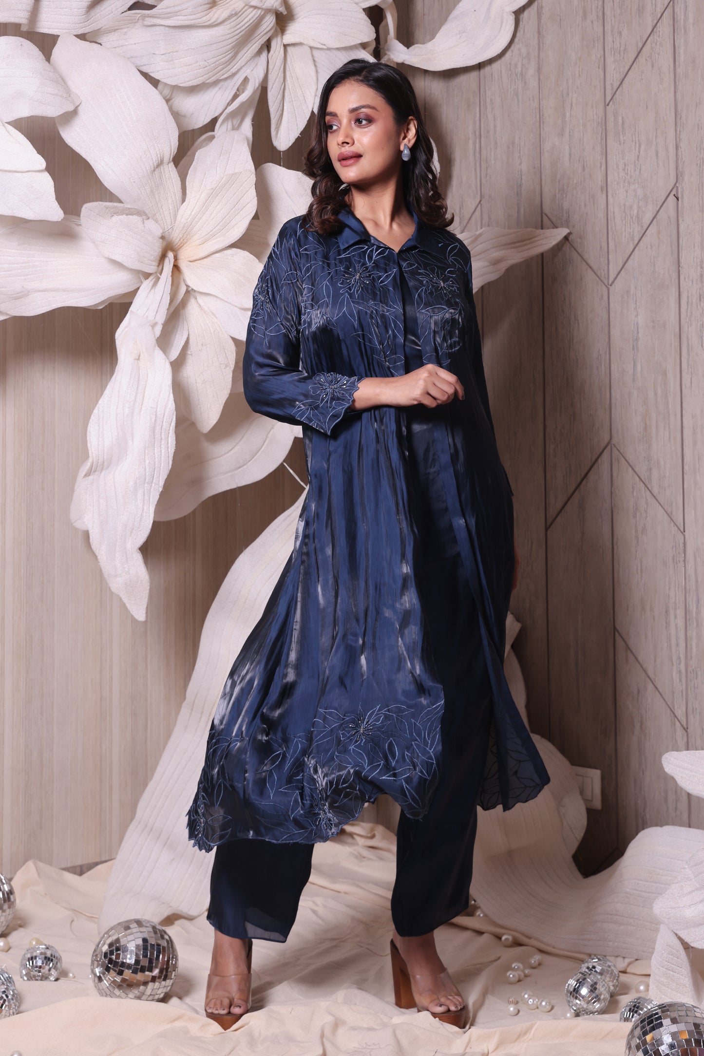 Navy Blue Imported Tissue Embroidered Three Piece Set