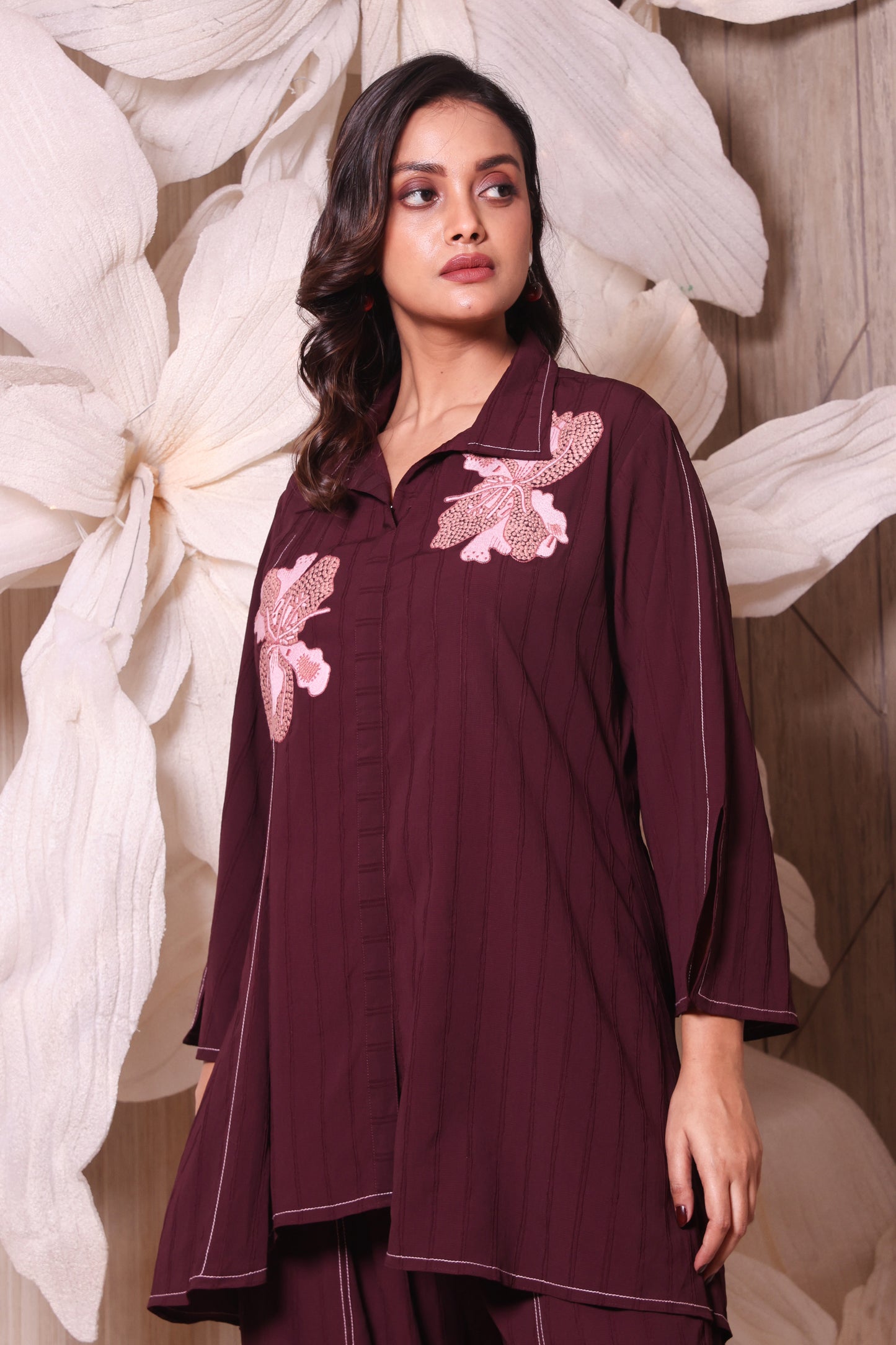 Wine Red Textured Thread Embroidered Co-ord Set