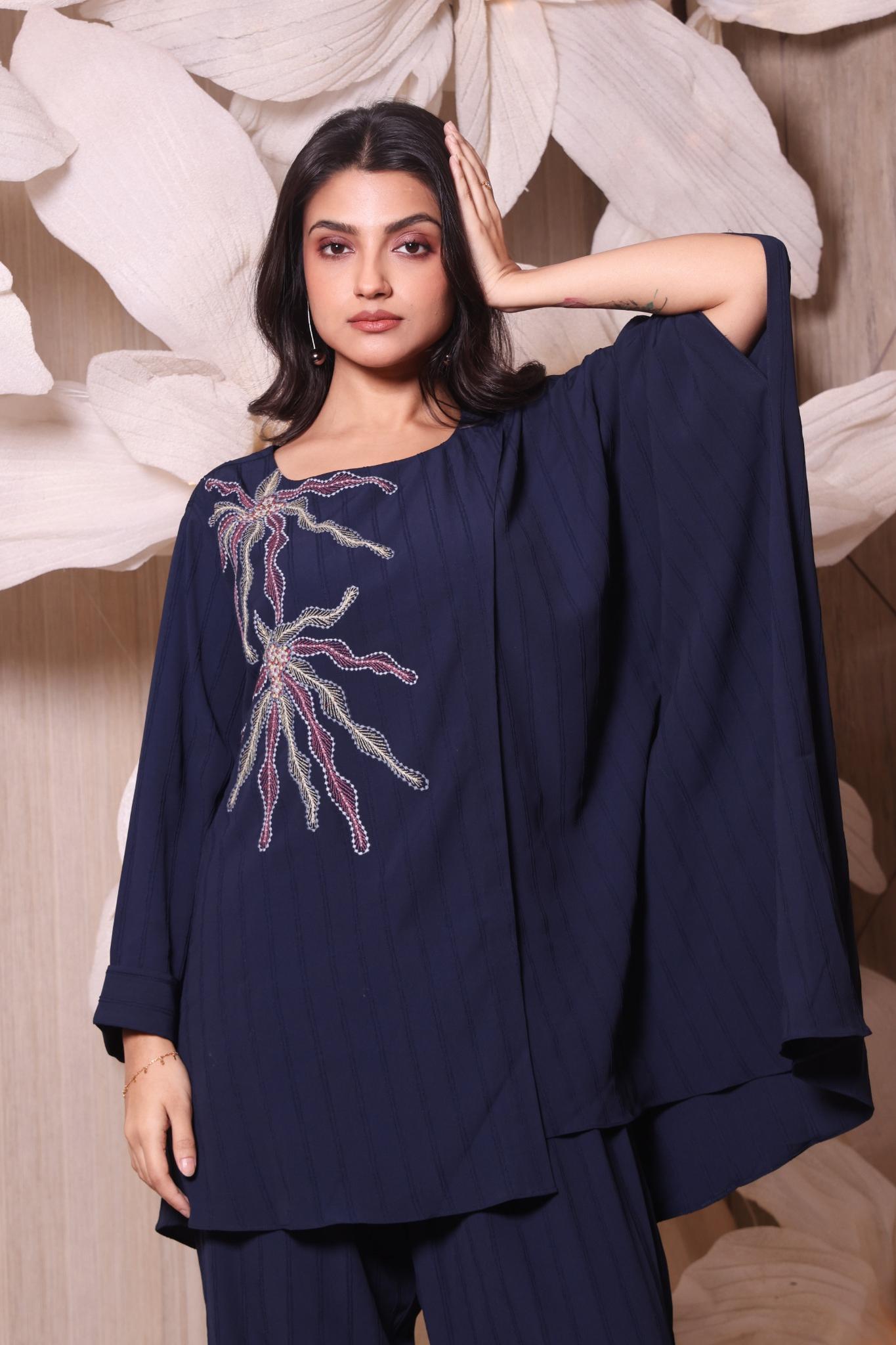 Navy Blue Textured Kaftan Co-ord Set