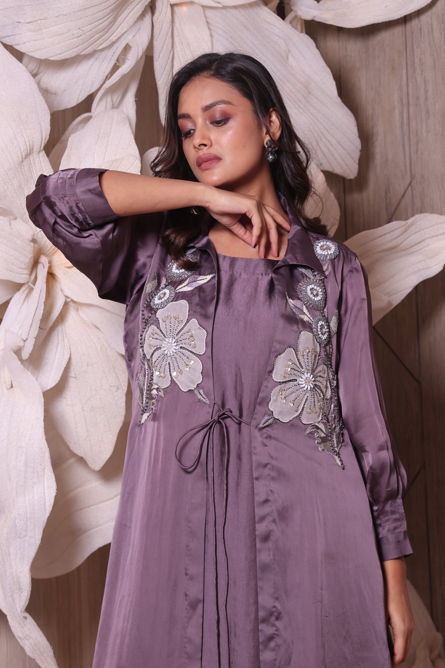 Grey Satin Organza Jacket Style Indo Western Dress