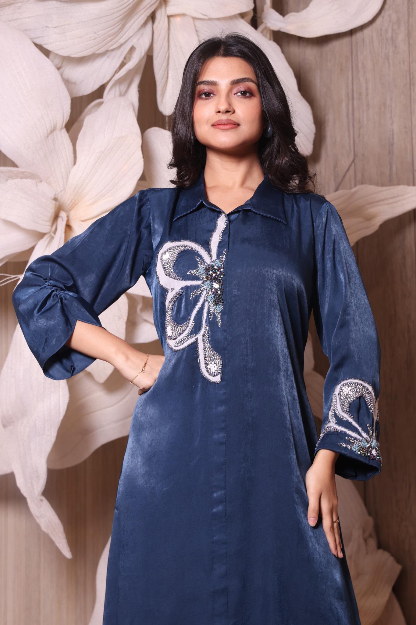 Embroidered Beads Sanwa Swead Blue Dress