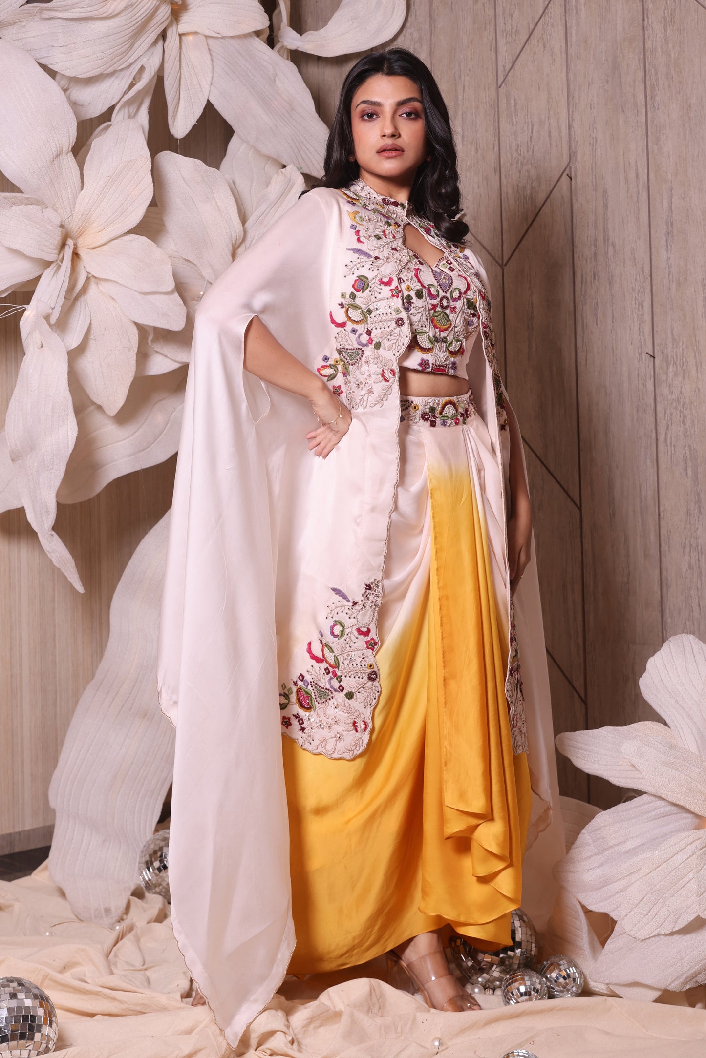 Off White Cape Zardozi Embraided Three Piece Set