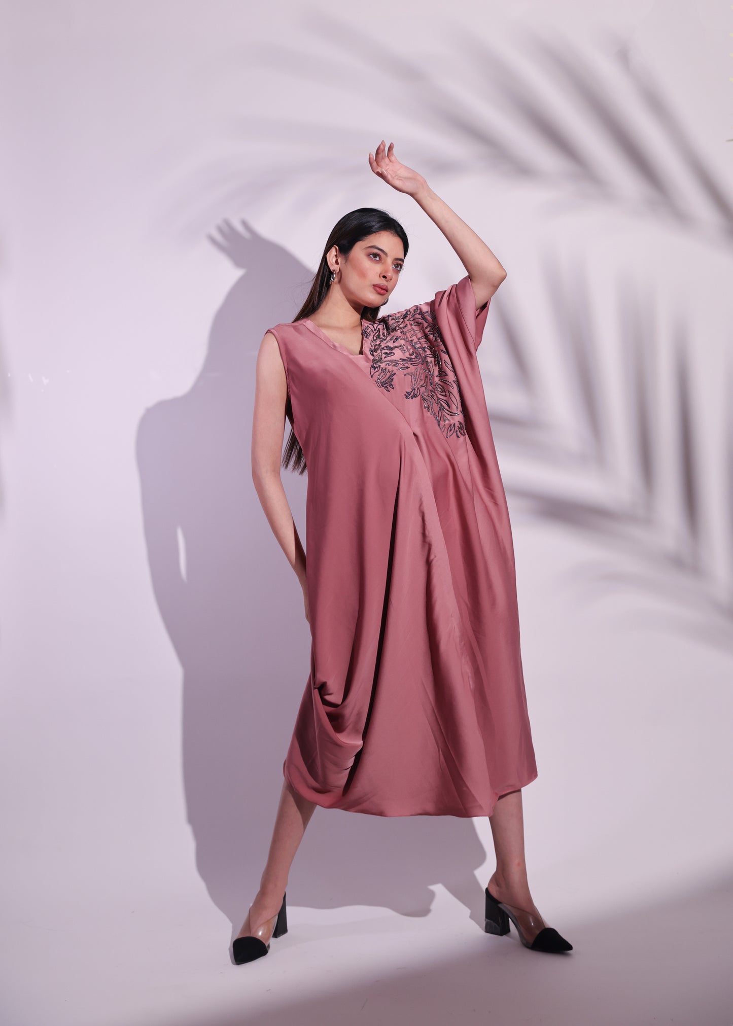 GEOMETRIC ONE-SHOULDER COWL KAFTAN DRESS