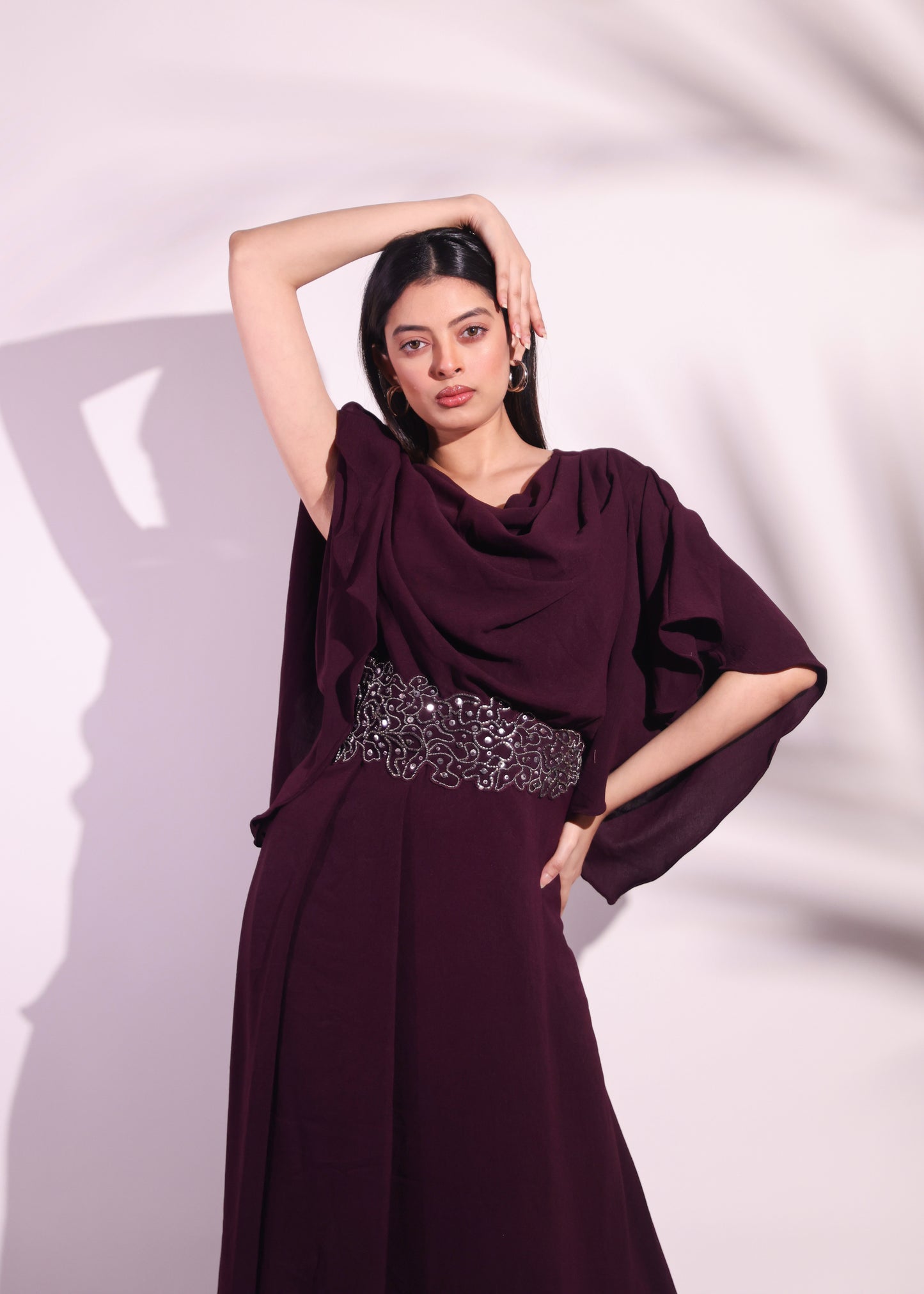 COWL NECK PLEATED ONE-PIECE DRESS WITH BEAD EMBROIDERY