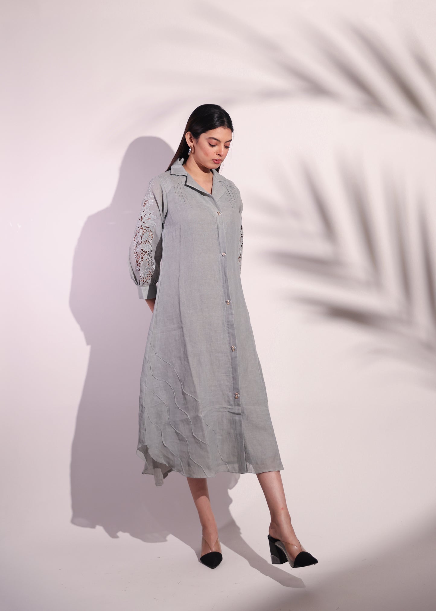 LUXURY A-LINE LINEN FROCK WITH COAT COLLAR