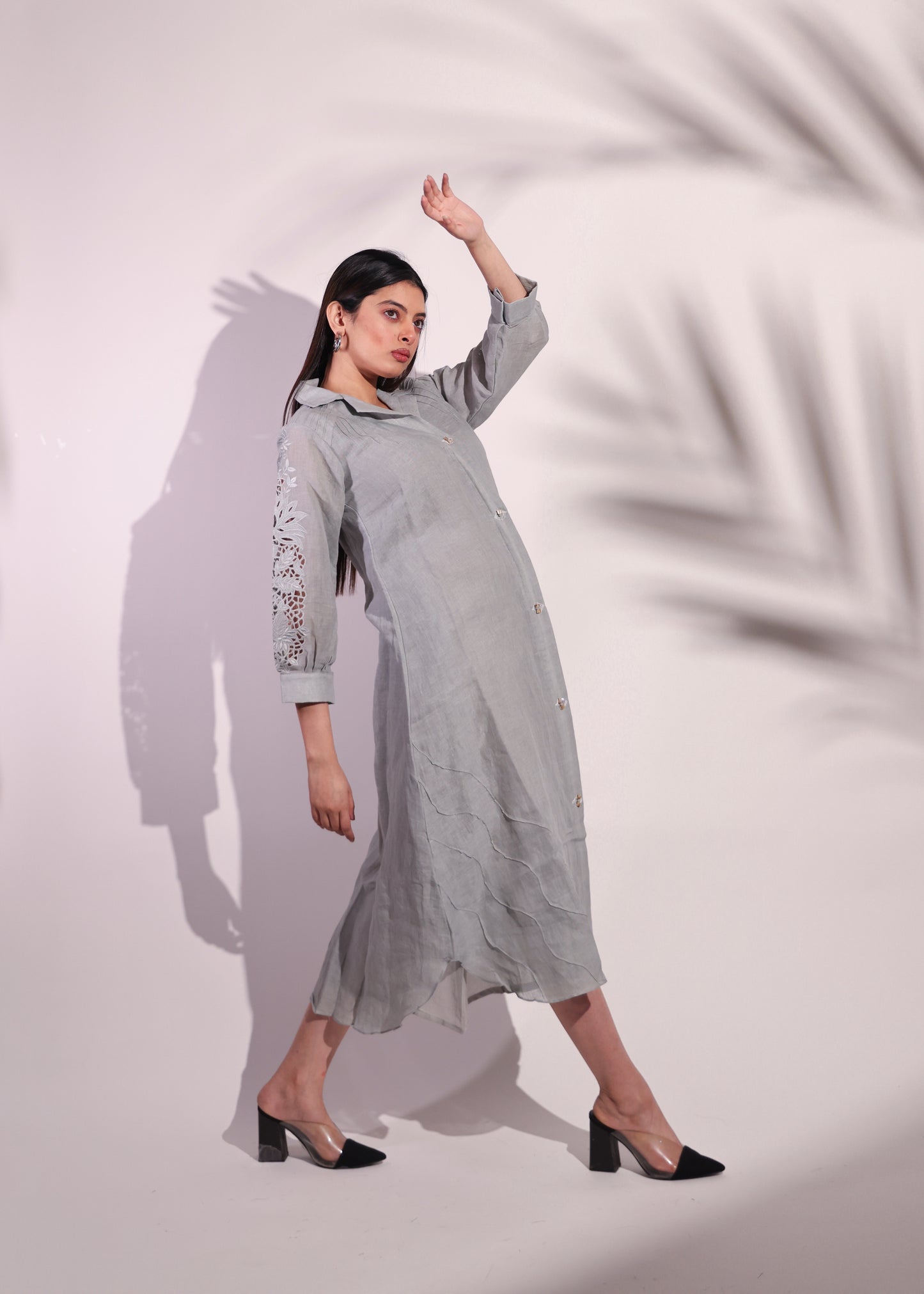 LUXURY A-LINE LINEN FROCK WITH COAT COLLAR