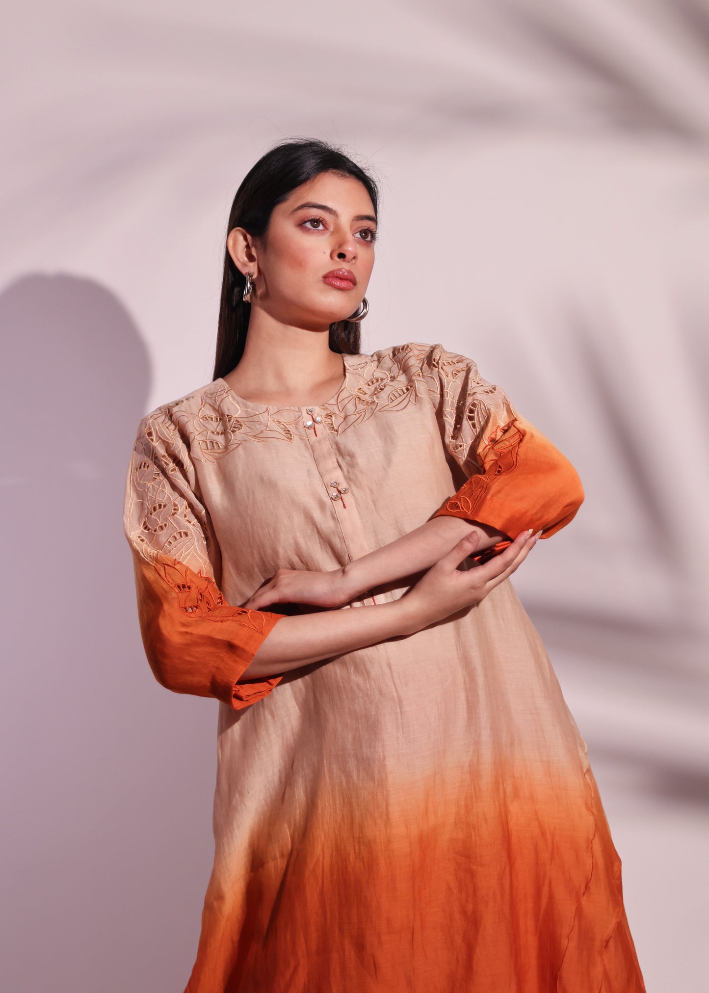 OMBRE ORANGE TUNIC SET WITH EMBROIDERED SHOULDER