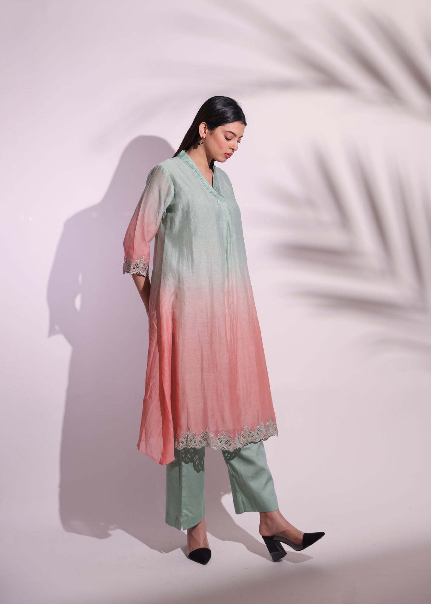 OMBRE PEACH GREEN TUNIC SET WITH EMBROIDERED SLEEVES