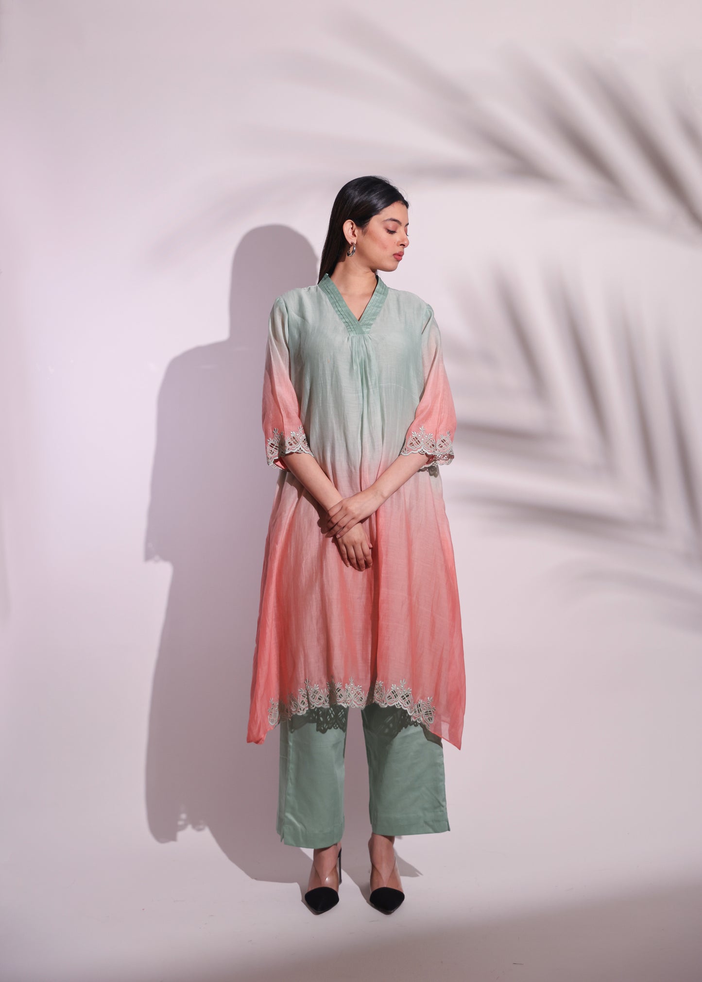 OMBRE PEACH GREEN TUNIC SET WITH EMBROIDERED SLEEVES