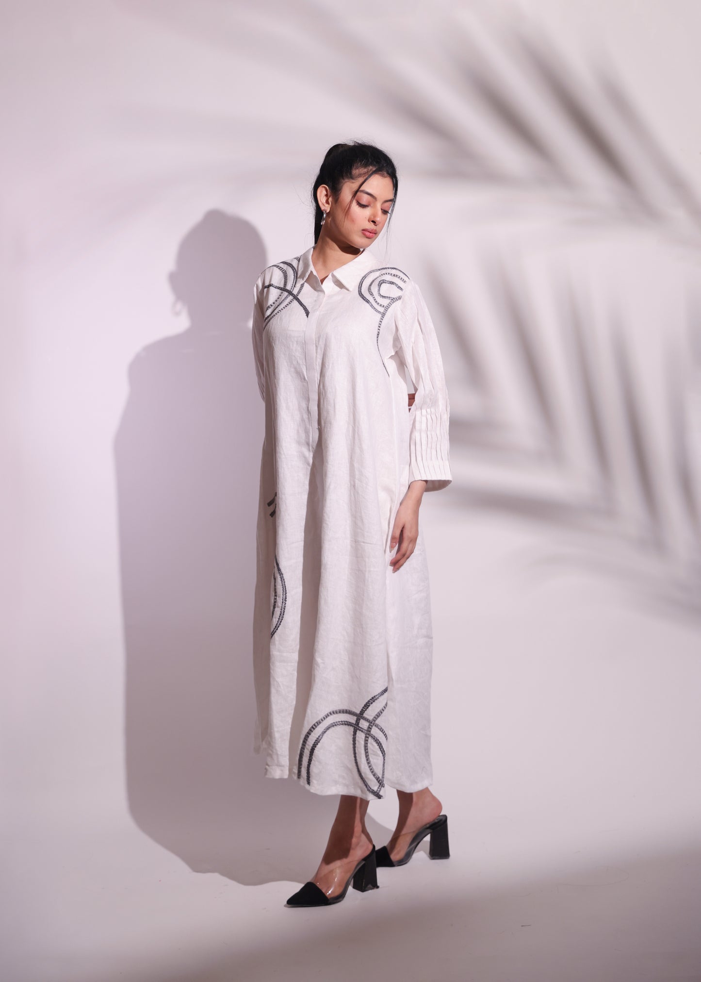 LUXURY THREAD EMBROIDERED A-LINE LINEN FROCK
