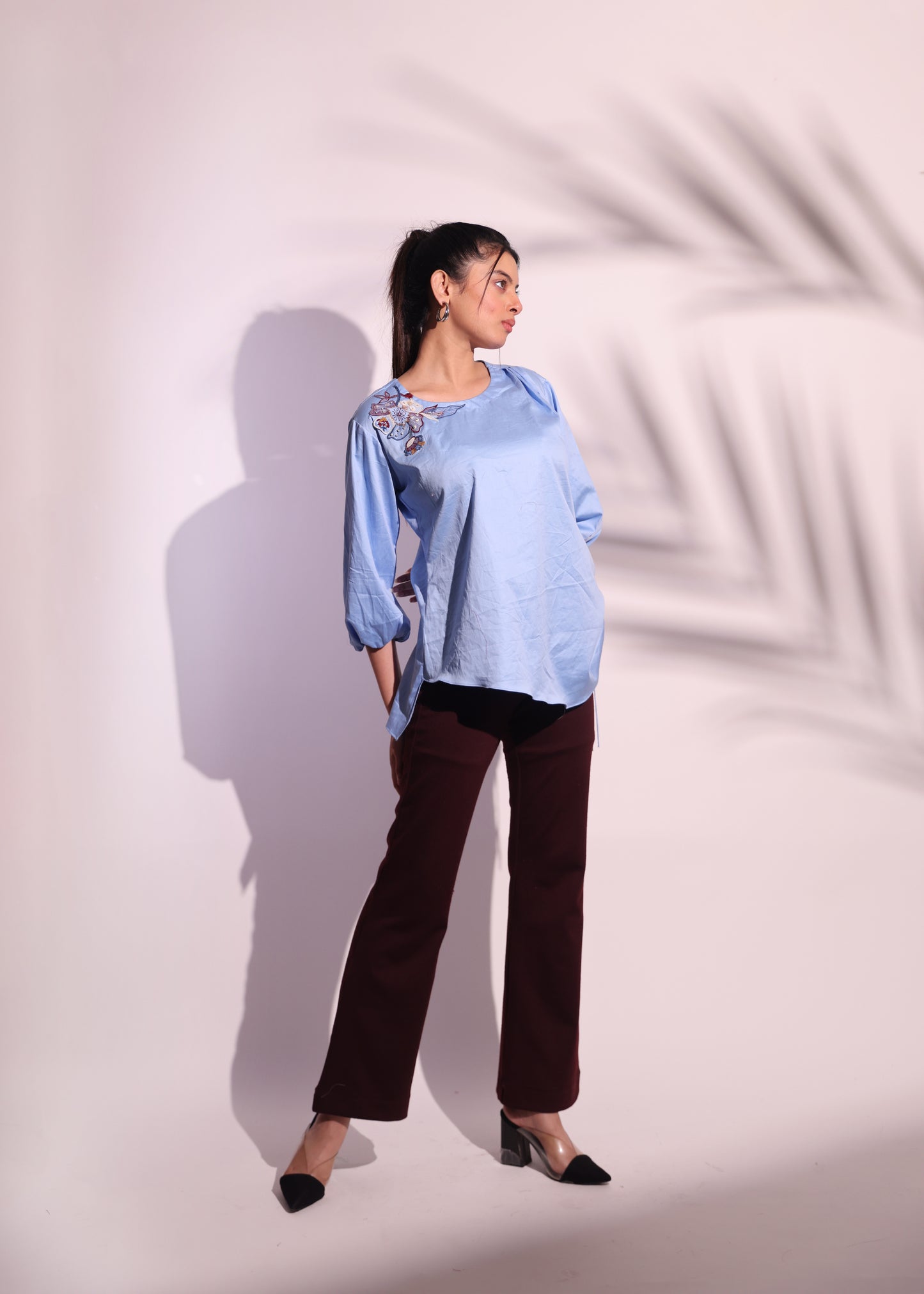 FLOWER EMBROIDERED SHOULDER PATCH SHIRT