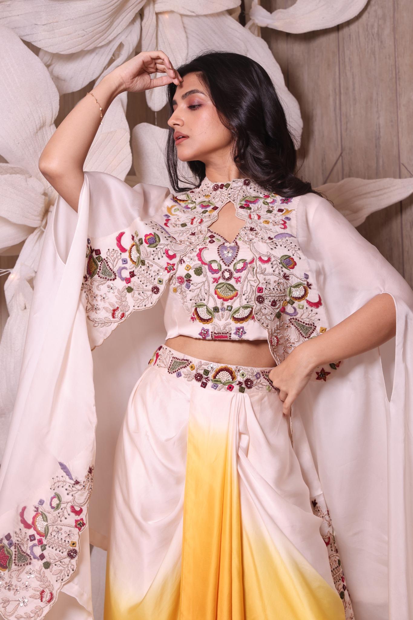 Off White Cape Zardozi Embraided Three Piece Set