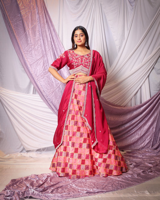 ZARDOSI PEARL WORK BLOUSE, PATTERNED DIGITAL PRINT BANARASI SKIRT AND DUPATTA