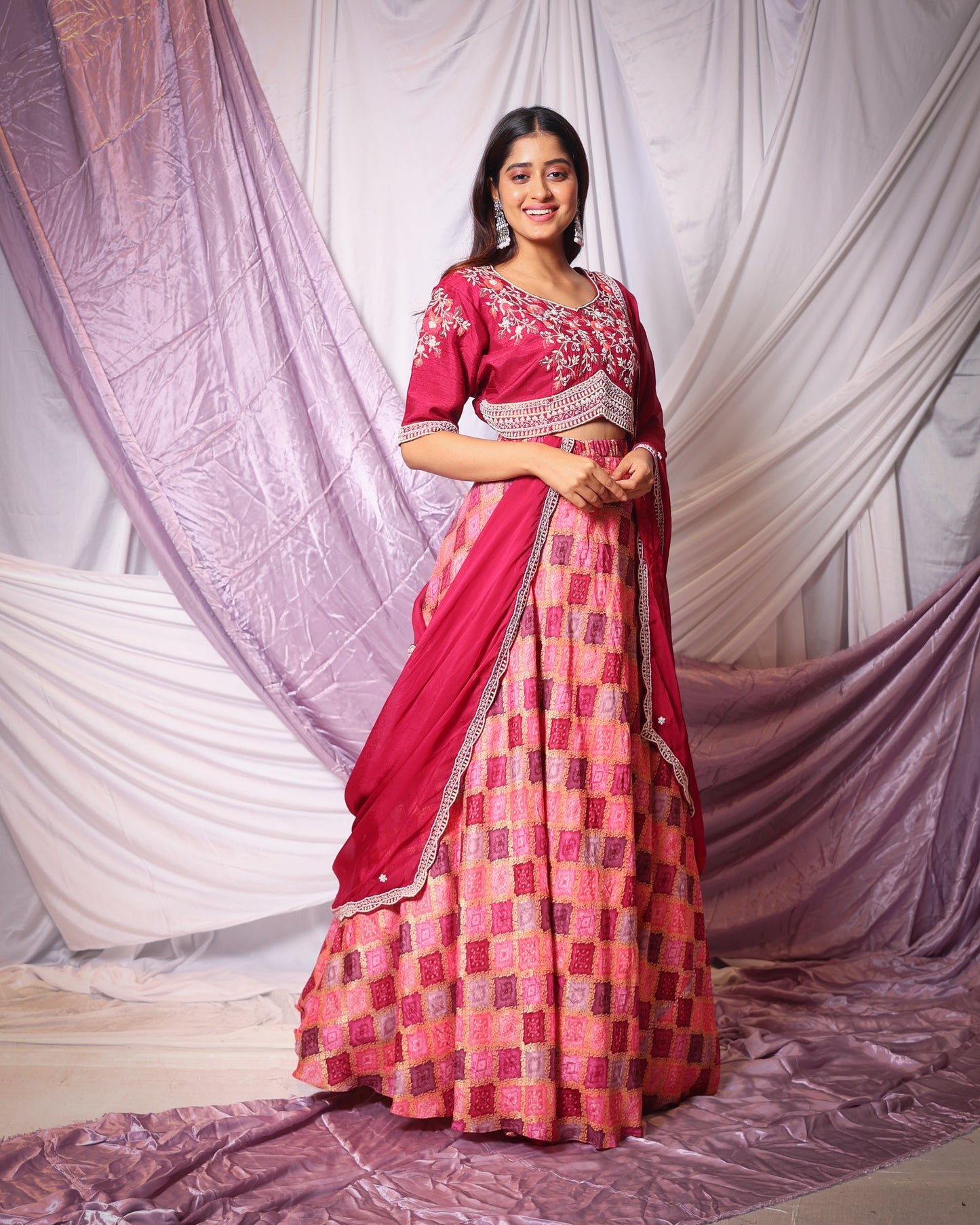 ZARDOSI PEARL WORK BLOUSE, PATTERNED DIGITAL PRINT BANARASI SKIRT AND DUPATTA