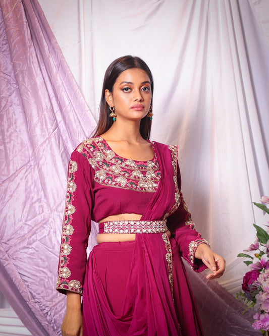 ZARDOSI WORK BLOUSE, DRAPED DUPATTA, SKIRT AND EMBROIDERED BELT