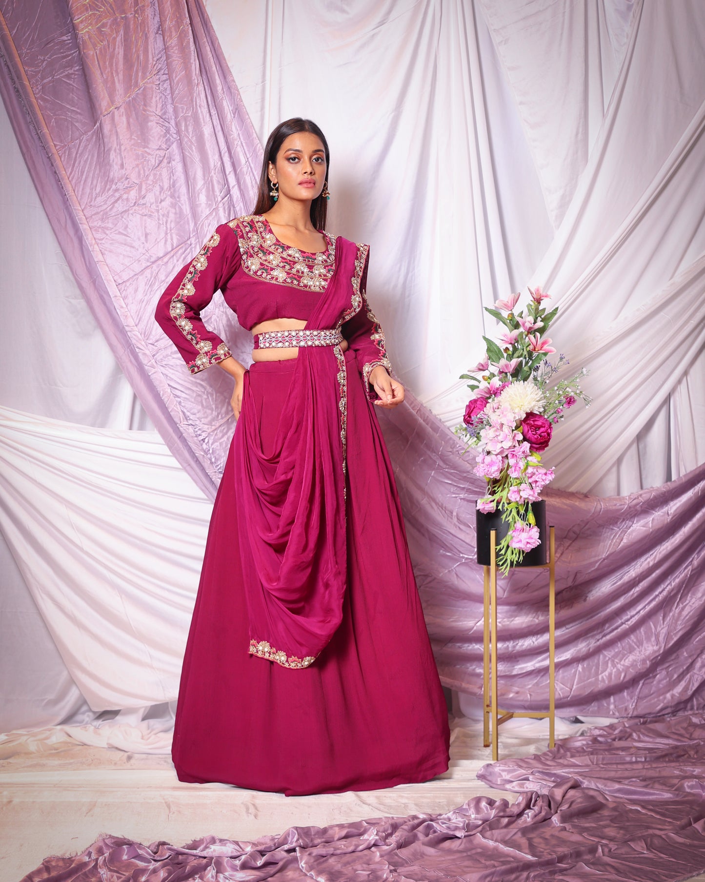 ZARDOSI WORK BLOUSE, DRAPED DUPATTA, SKIRT AND EMBROIDERED BELT