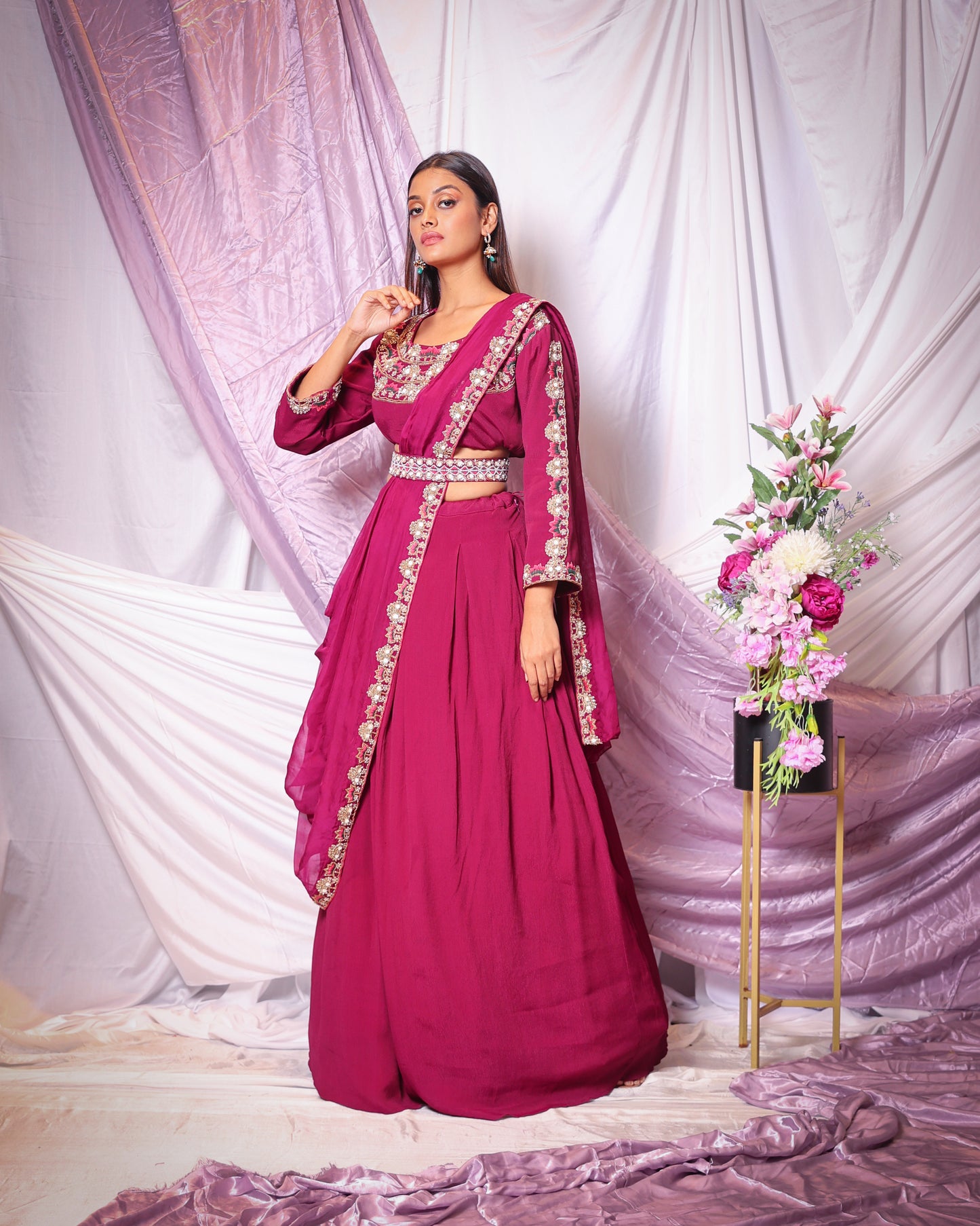 ZARDOSI WORK BLOUSE, DRAPED DUPATTA, SKIRT AND EMBROIDERED BELT