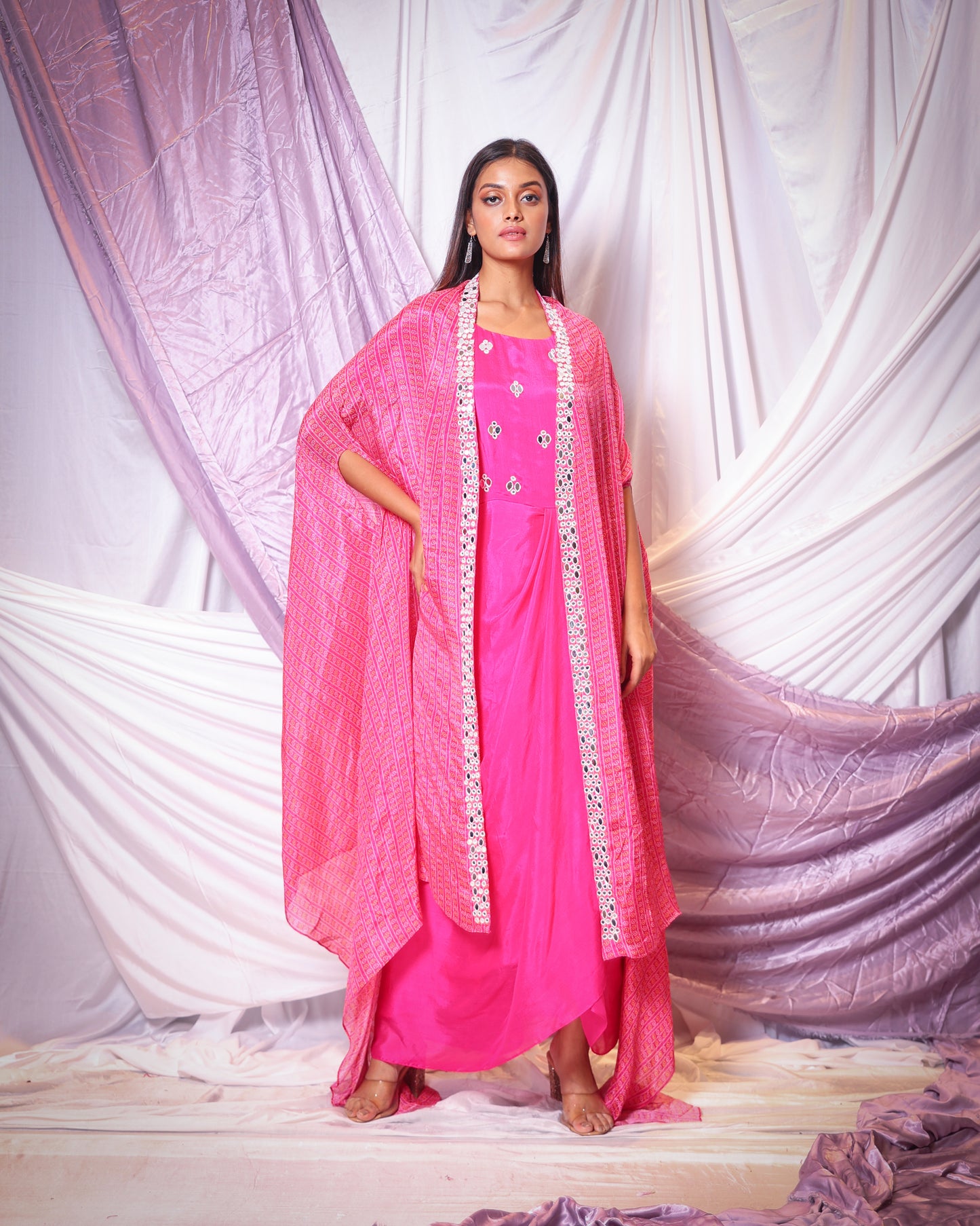 BANDHEJ PRINT CAPE AND MIRROR-WORK DRAPED GOWN