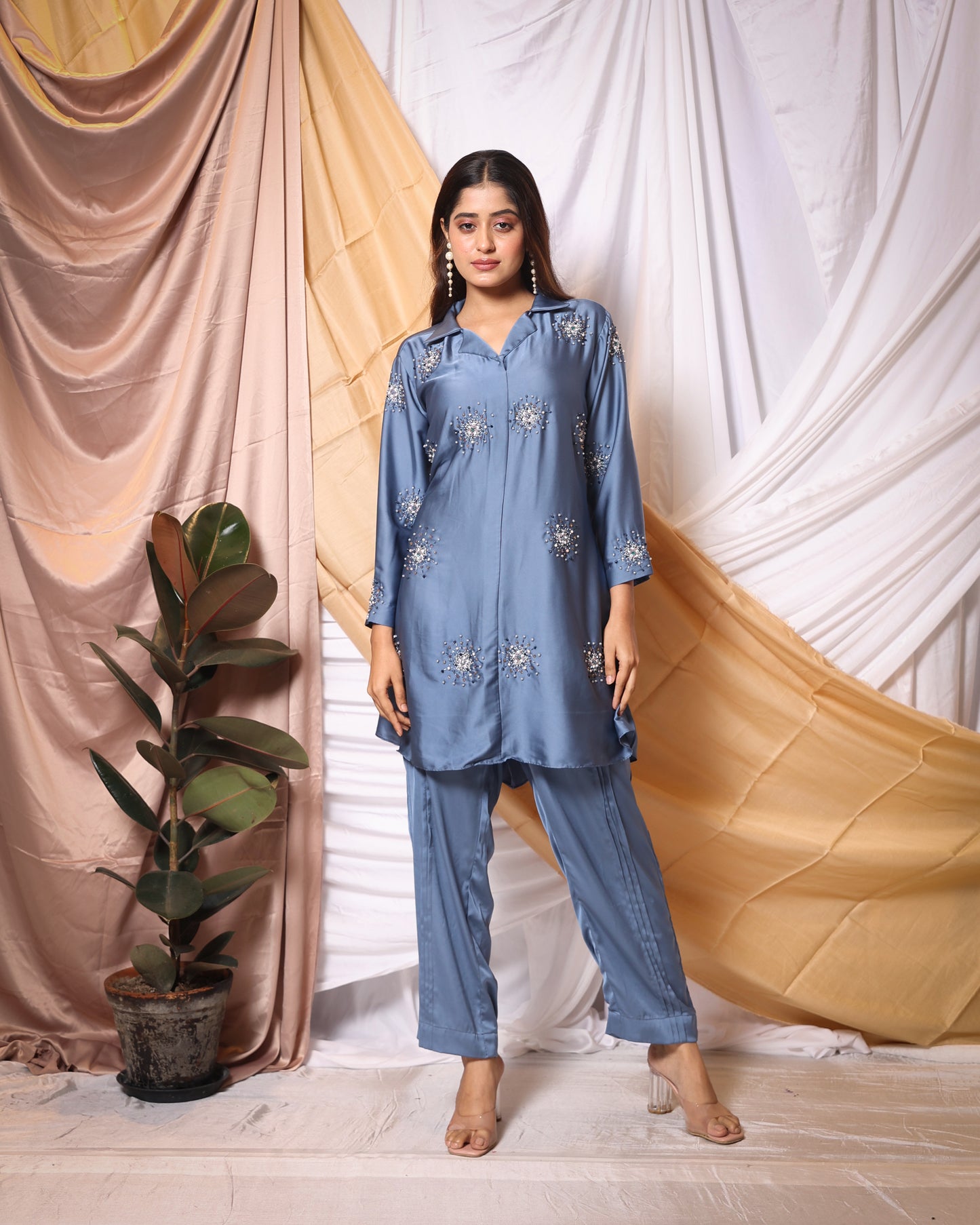 CRYSTAL SPARKLE EMBROIDERED TUNIC AND STRAIGHT PANTS CO-ORD SET