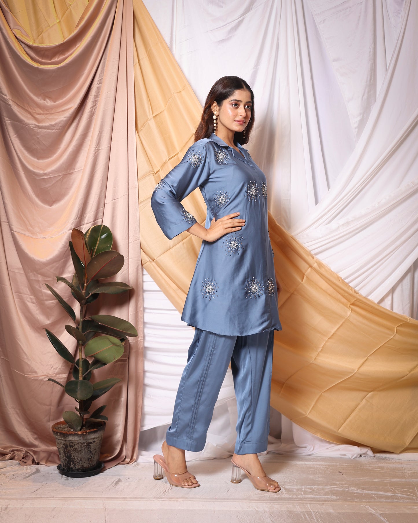 CRYSTAL SPARKLE EMBROIDERED TUNIC AND STRAIGHT PANTS CO-ORD SET