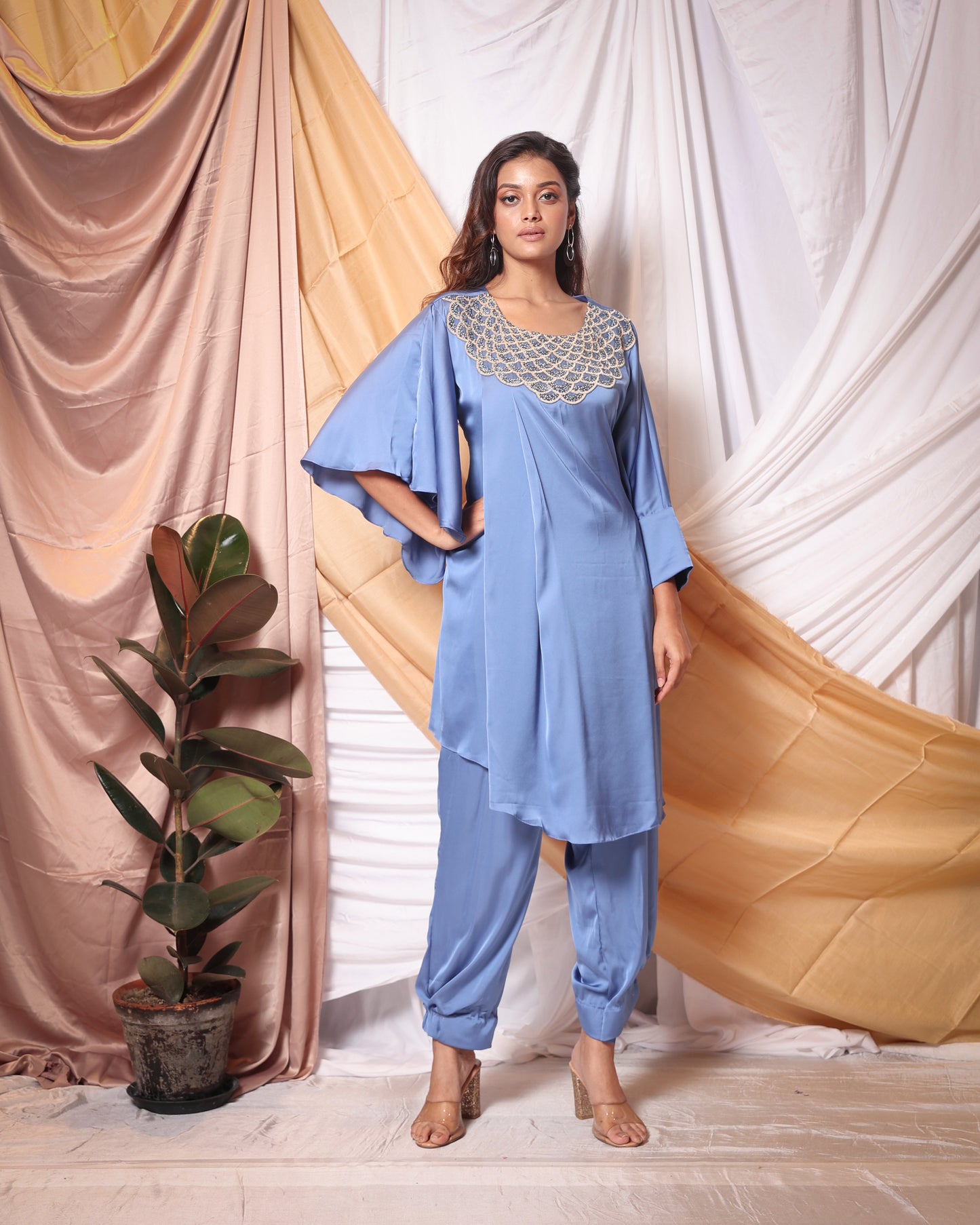 TIKI WORK TUNIC WITH BELL SLEEVES AND STRAIGHT PANTS CO-ORD SET