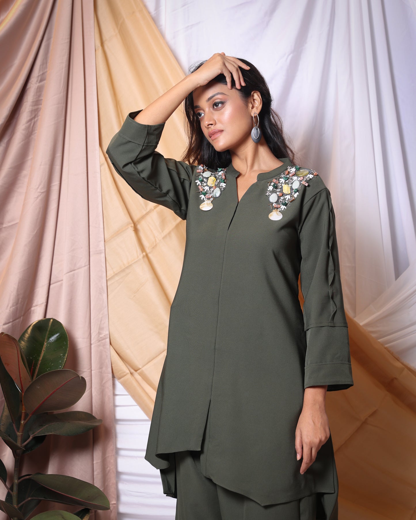 SHELL- WORK TUNIC WITH PLEATED SLEEVES AND PANT CO-ORD SET