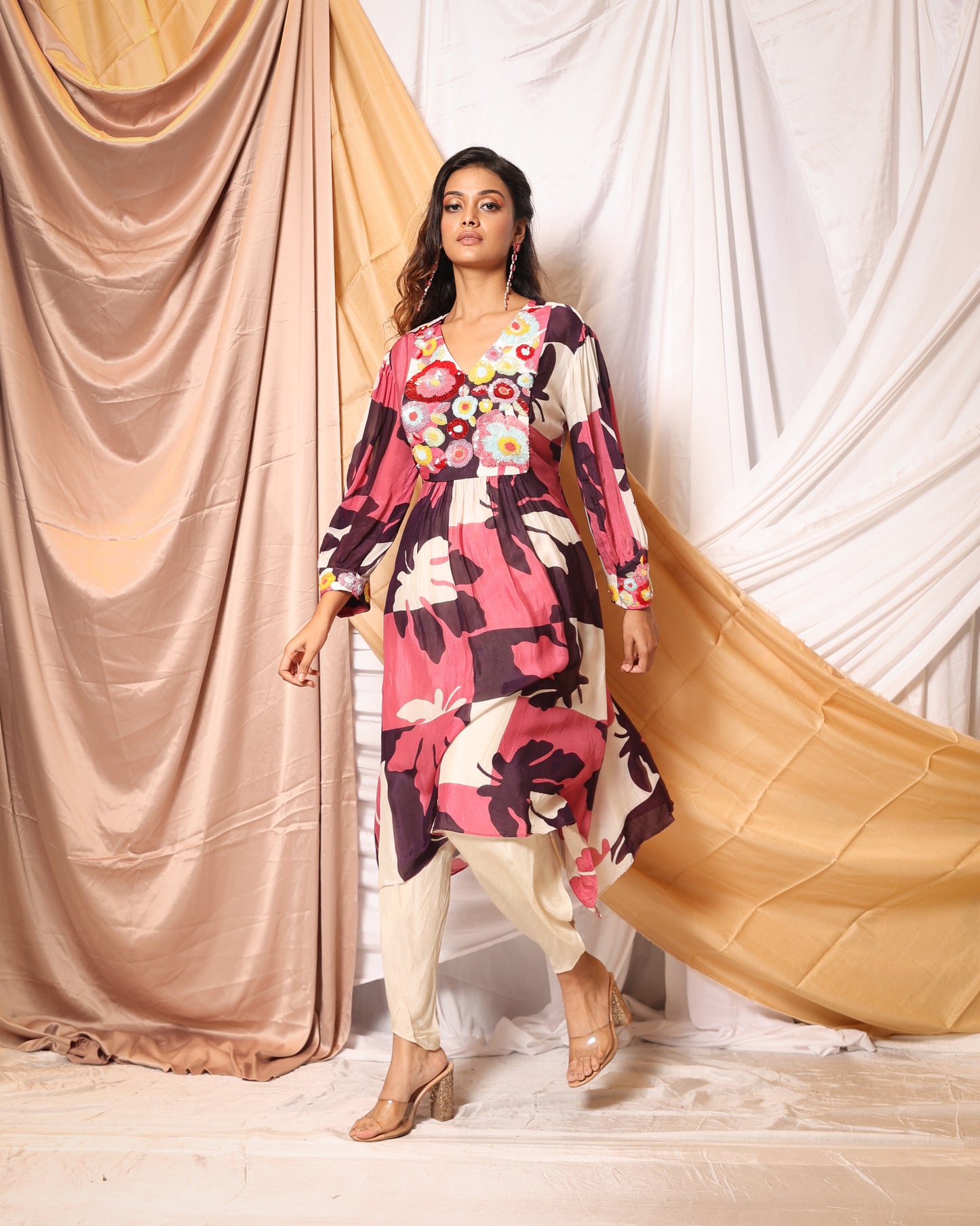 SCREEN PRINTED SEQUIN WORK KURTA AND TULIP PANT SET