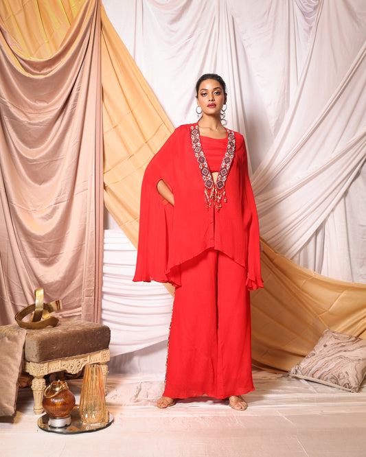 BEADED PANEL WORK KAFTAN STYLE JACKET AND EMBROIDERED PALAZZO PANT SET