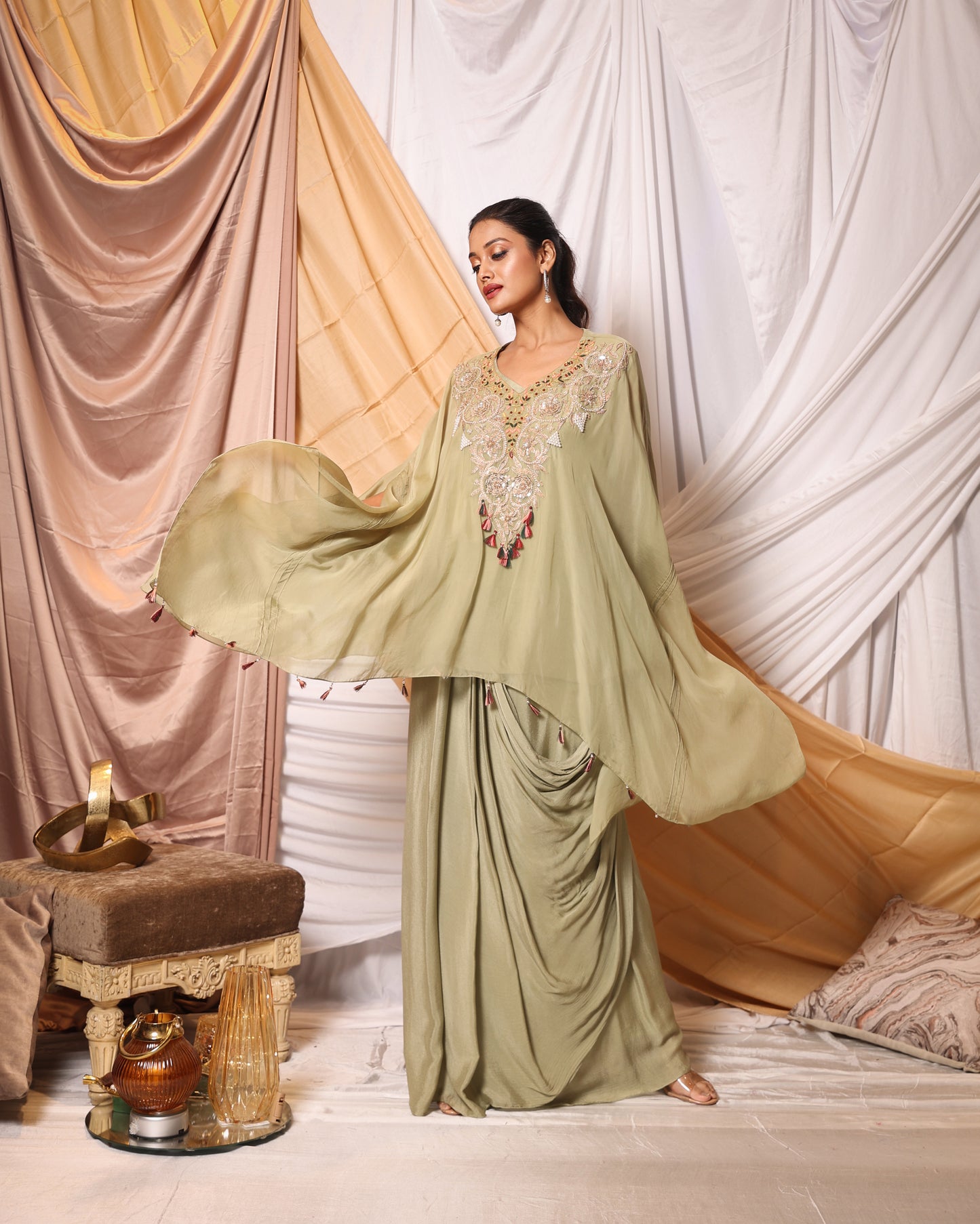 ARRI HAND YOLK WORK KAFTAN-STYLE CAPE AND DRAPED SKIRT SET