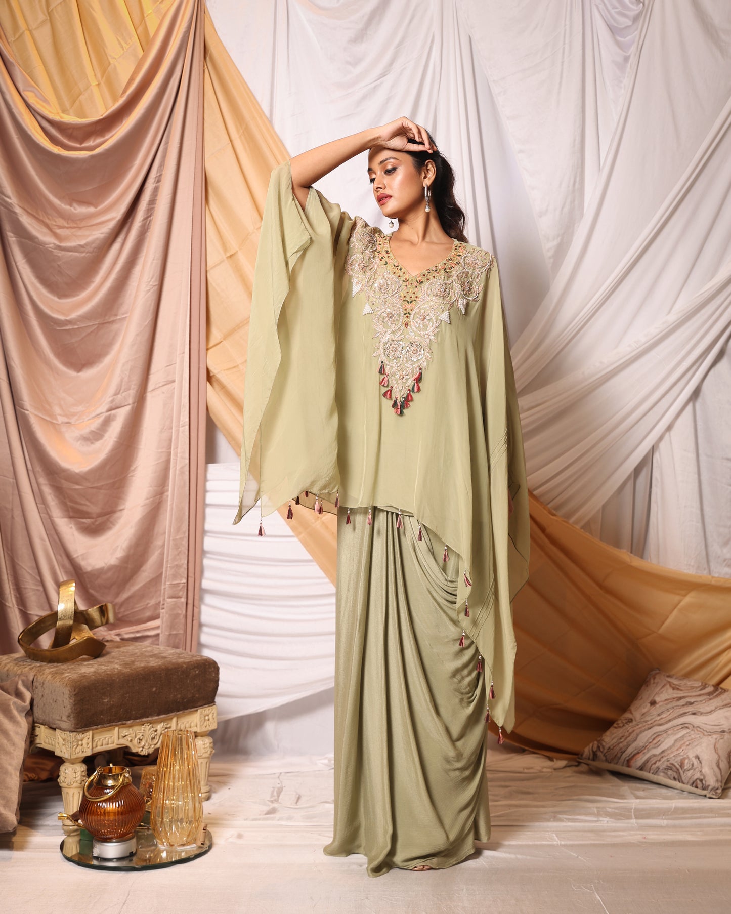 ARRI HAND YOLK WORK KAFTAN-STYLE CAPE AND DRAPED SKIRT SET