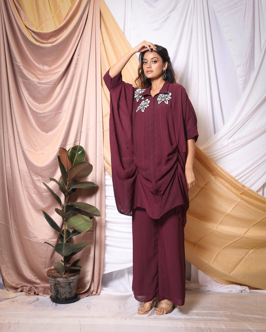 APPLIC FLOWER PATTERN DRAPED TUNIC AND PANT CO-ORD SET