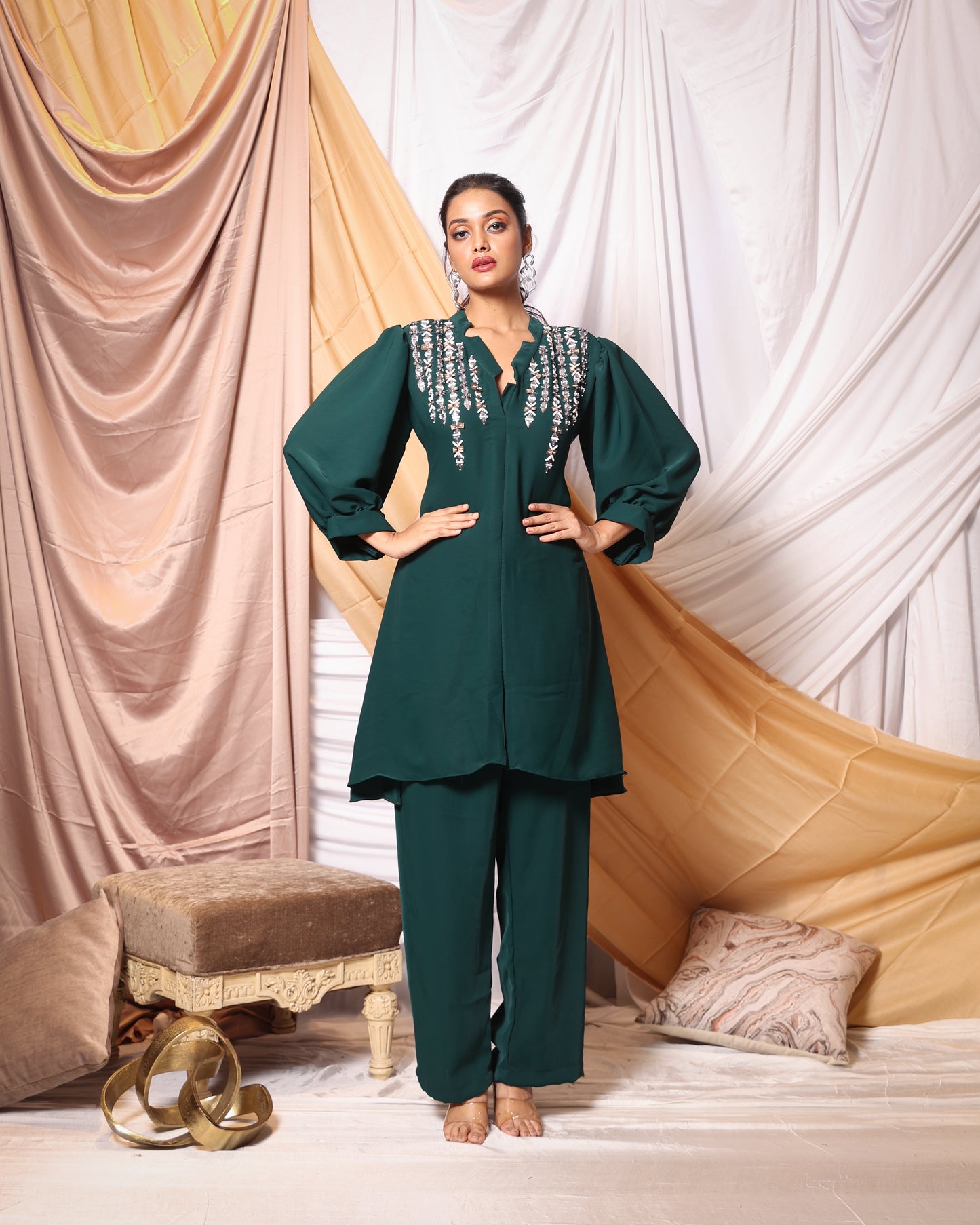 EMBROIDERED RAIN DROP TUNIC AND PANT CO-ORD SET