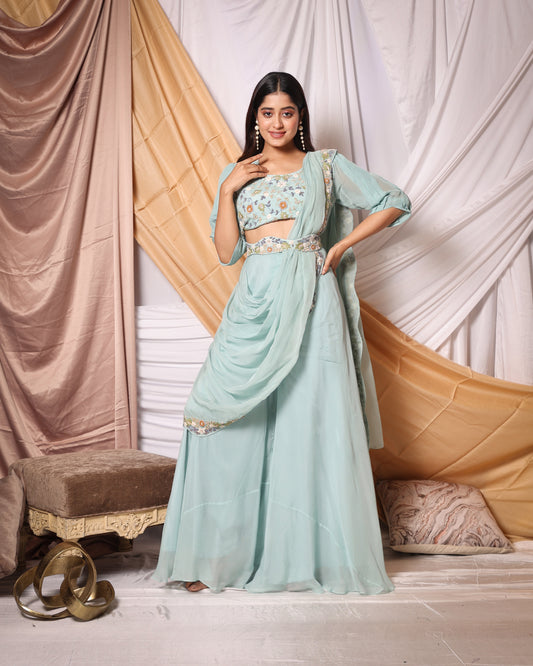 ZARDOSI WORK BLOUSE, DRAPED SAREE PATTERN- PALAZZO PANT AND EMBROIDERED BELT SET